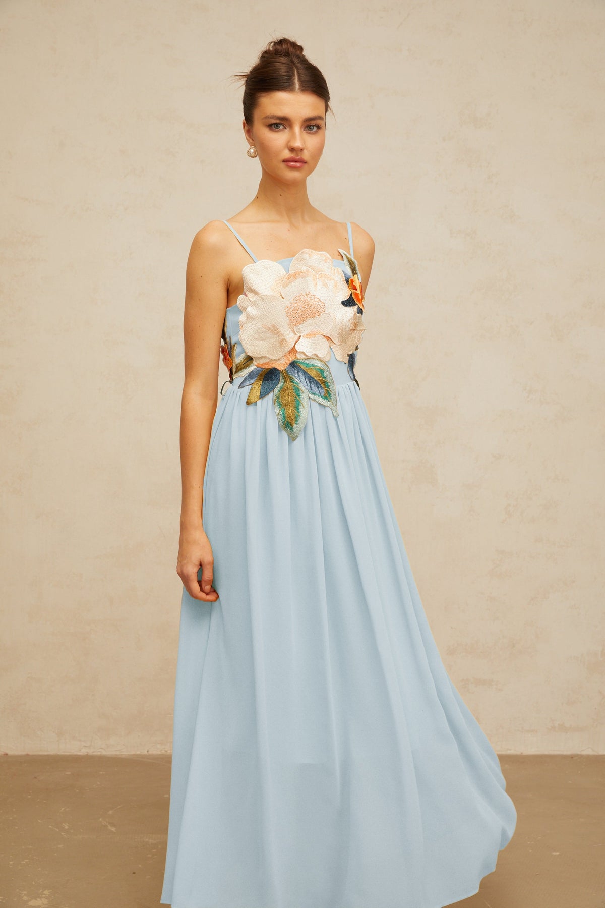 Josette floral-embroidered shirred maxi dress in Blue