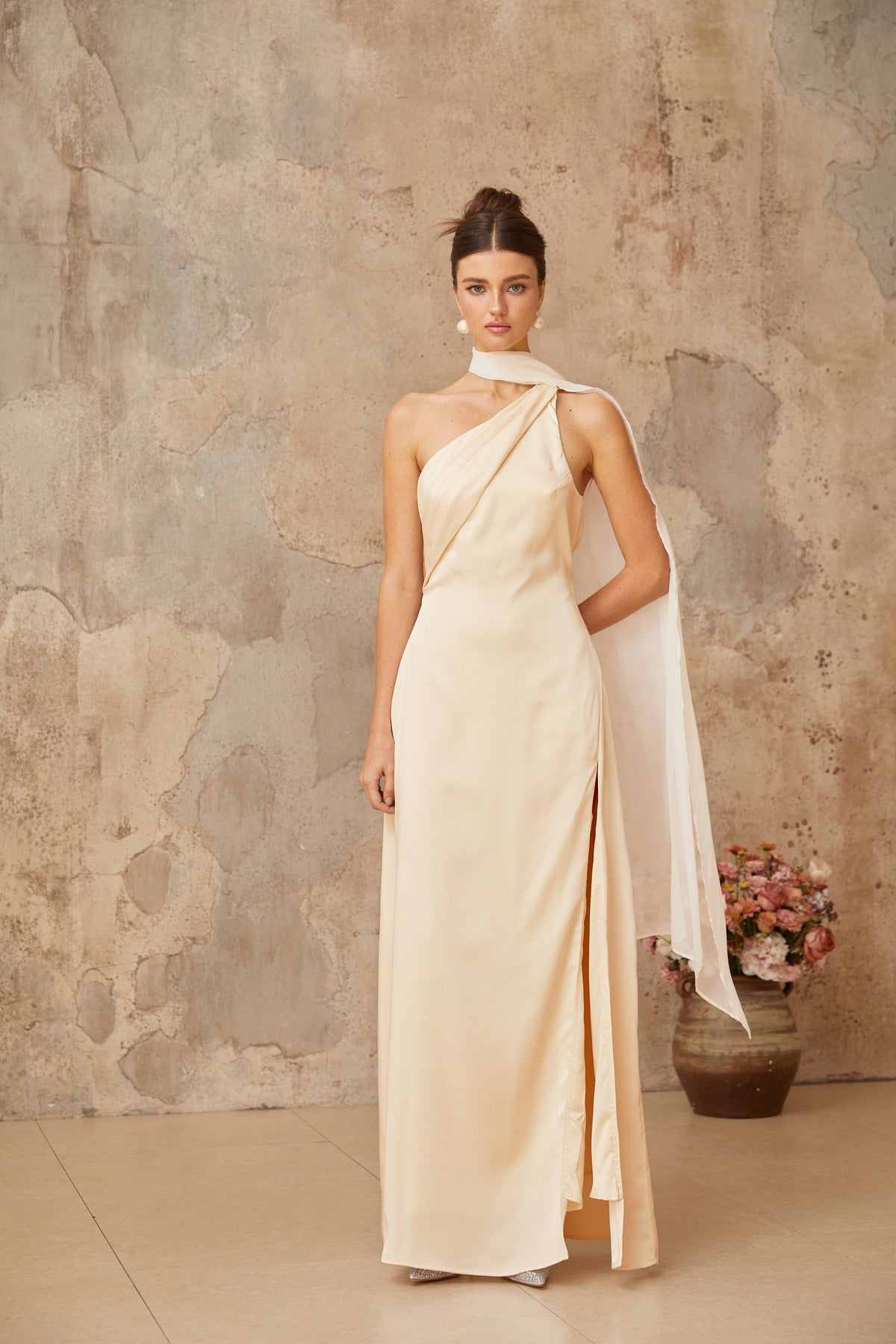 Thérèse neutral scarf-design satin maxi dress (Final Sale-US Only)