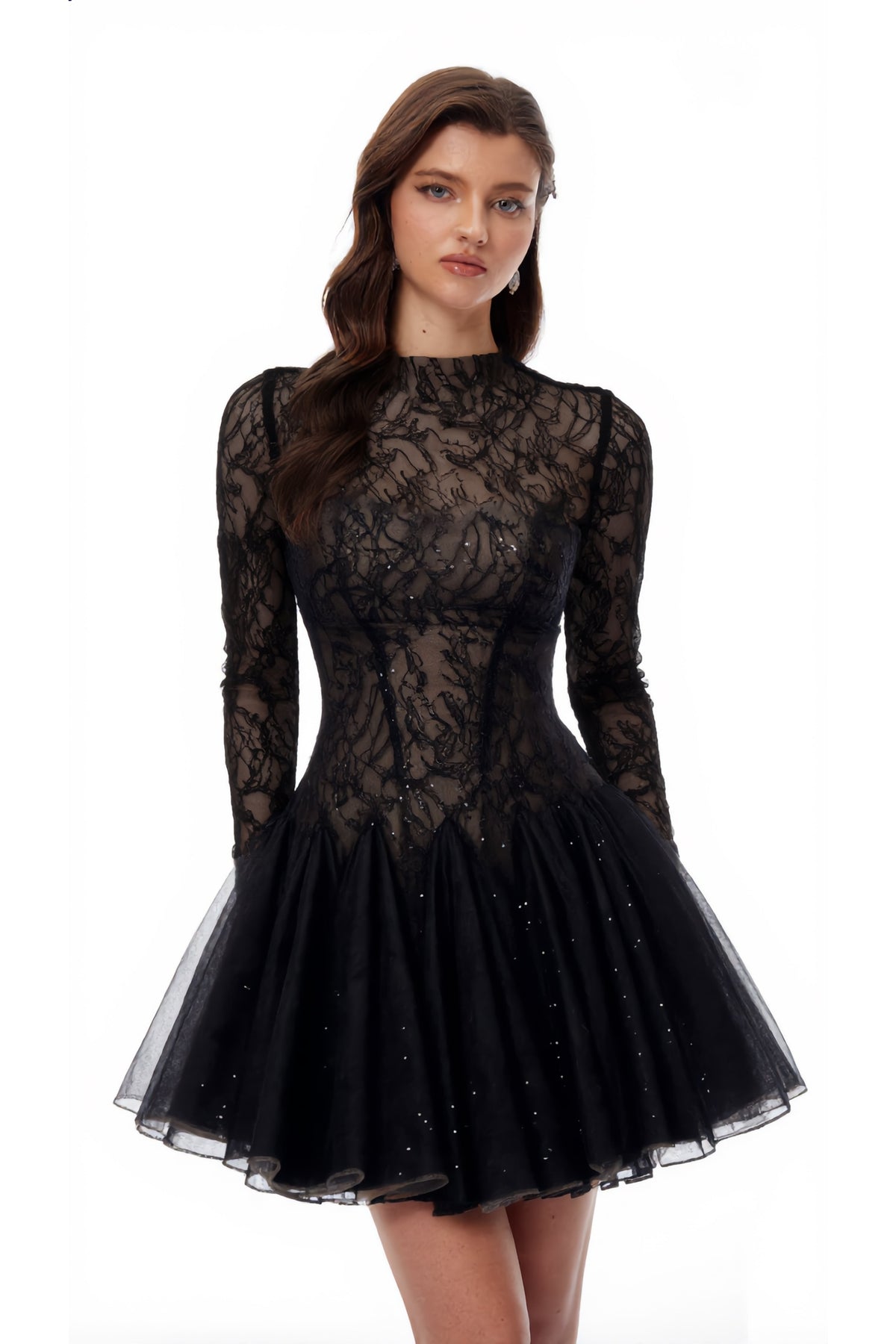 Mirabella Black Sequined Flroal Lace Mini Dress