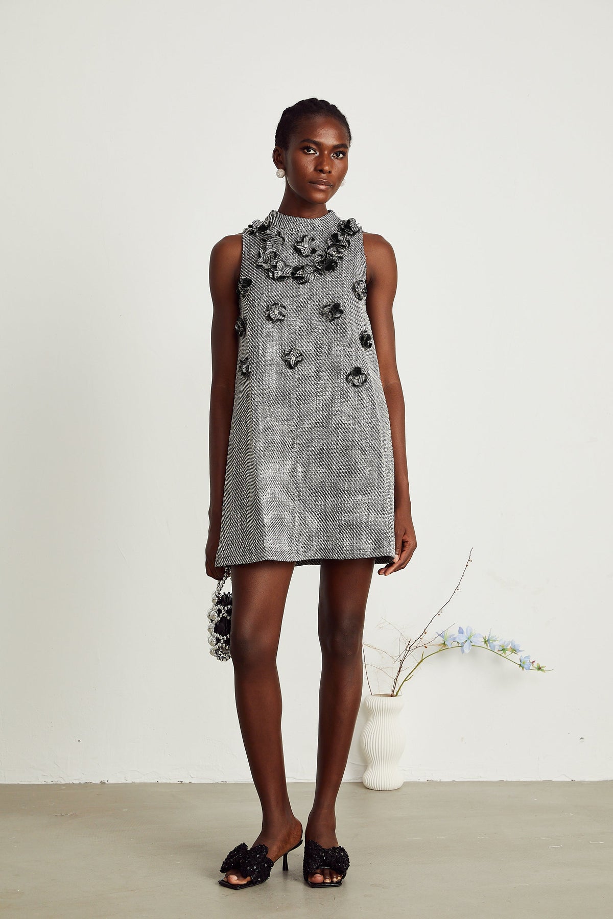 Nadège faux-flower sleeveless mini dress
