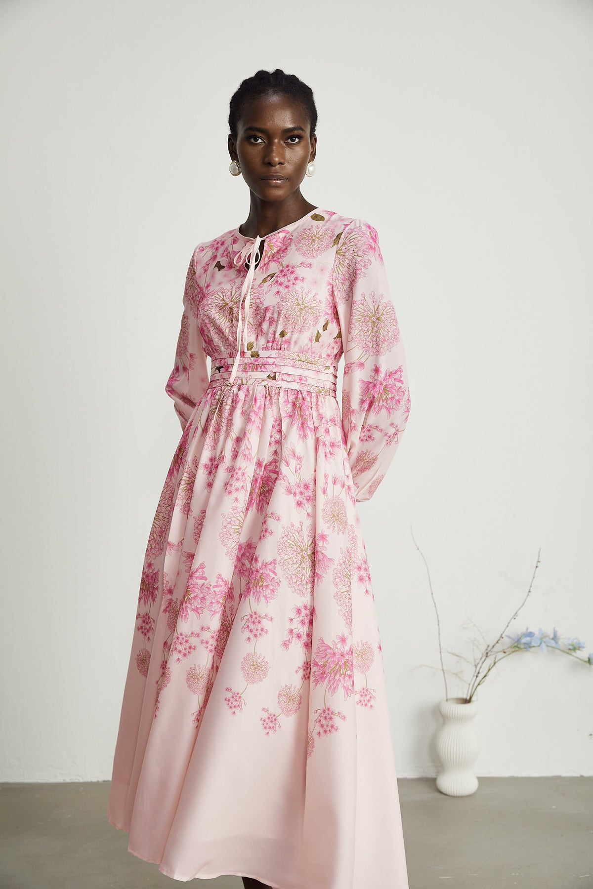 Yvette pink floral-print midi dress