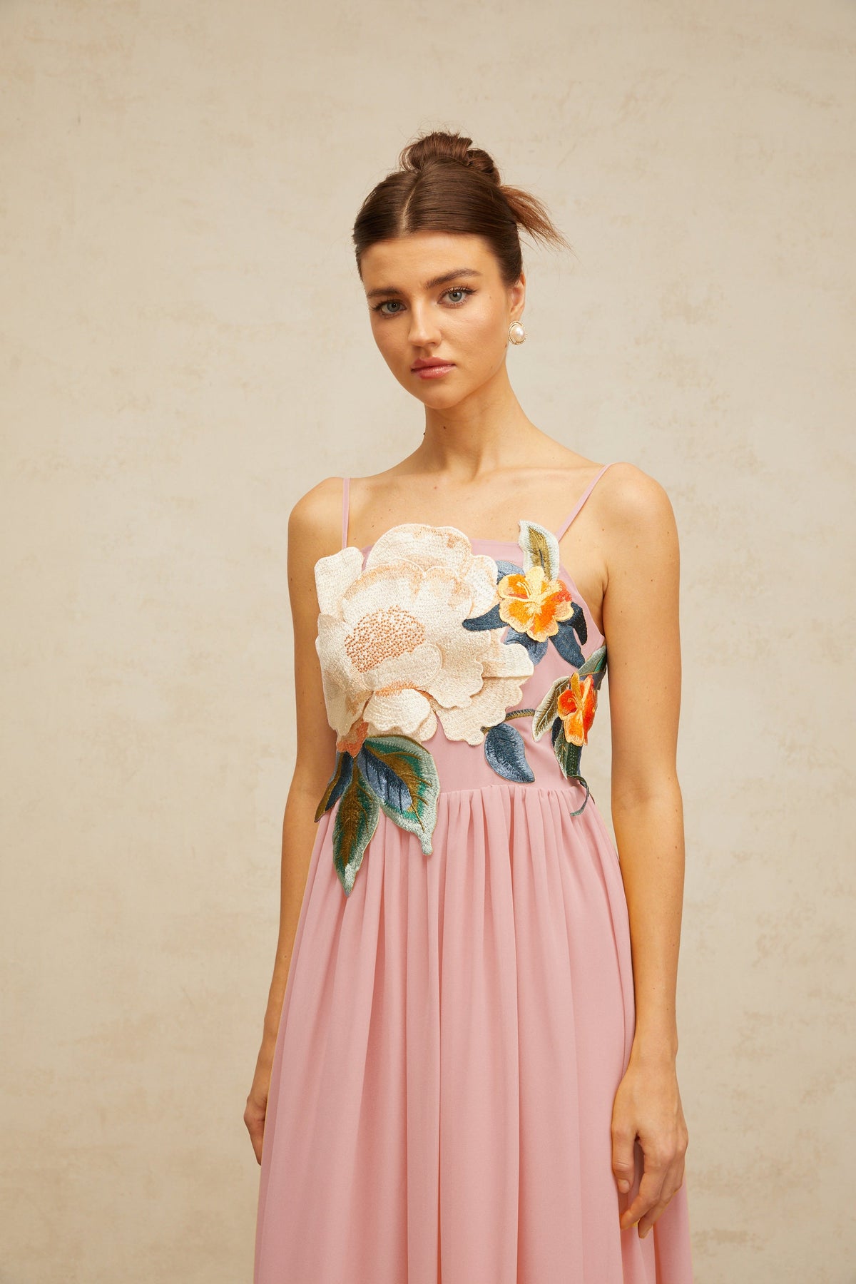 Josette floral-embroidered shirred maxi dress in Pink