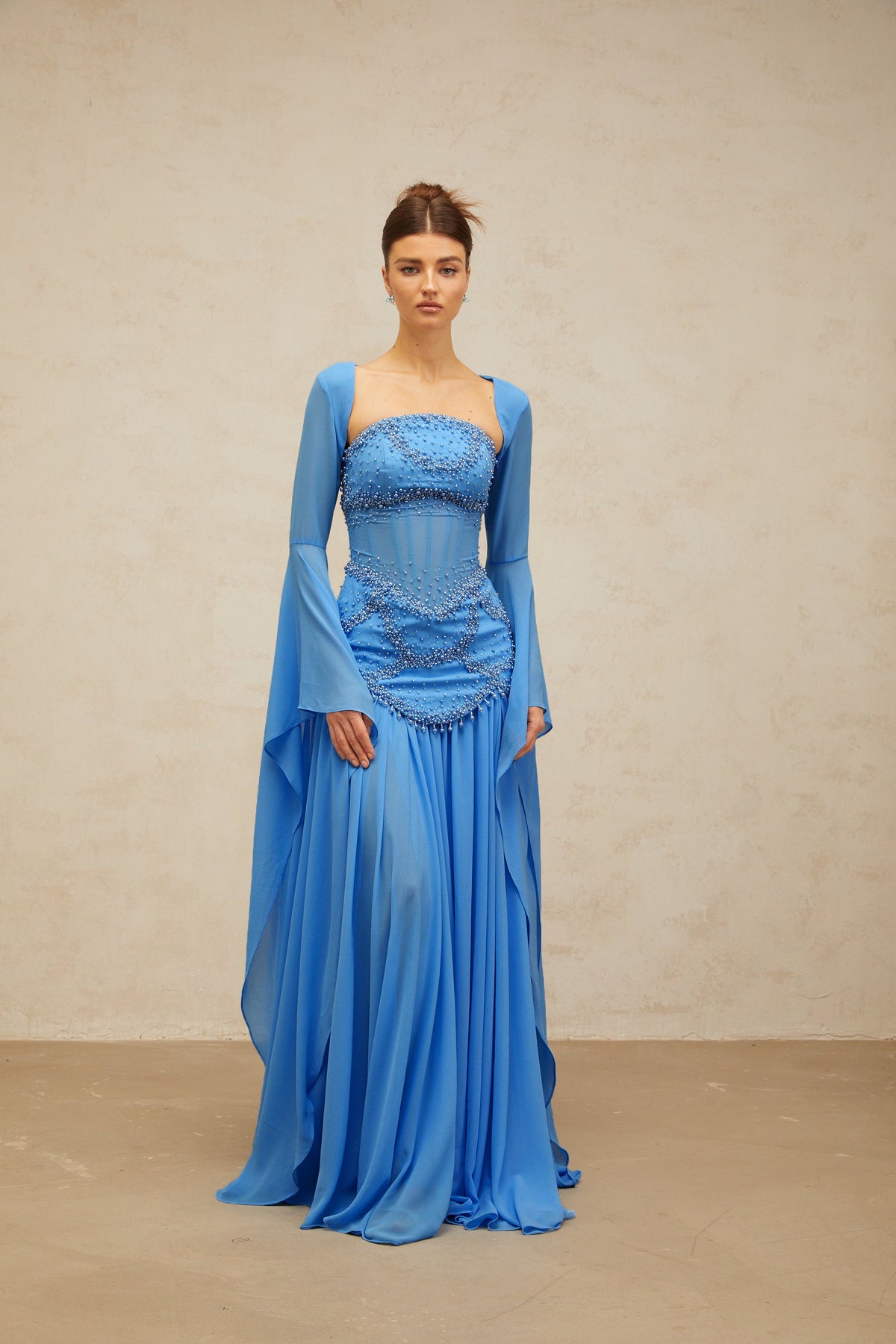 Gaëlle blue faux-pearl-embellished pleated maxi dress