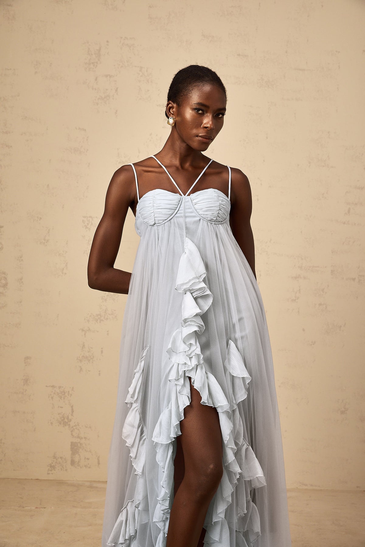 Colette layered ruffled tulle maxi dress in Blue