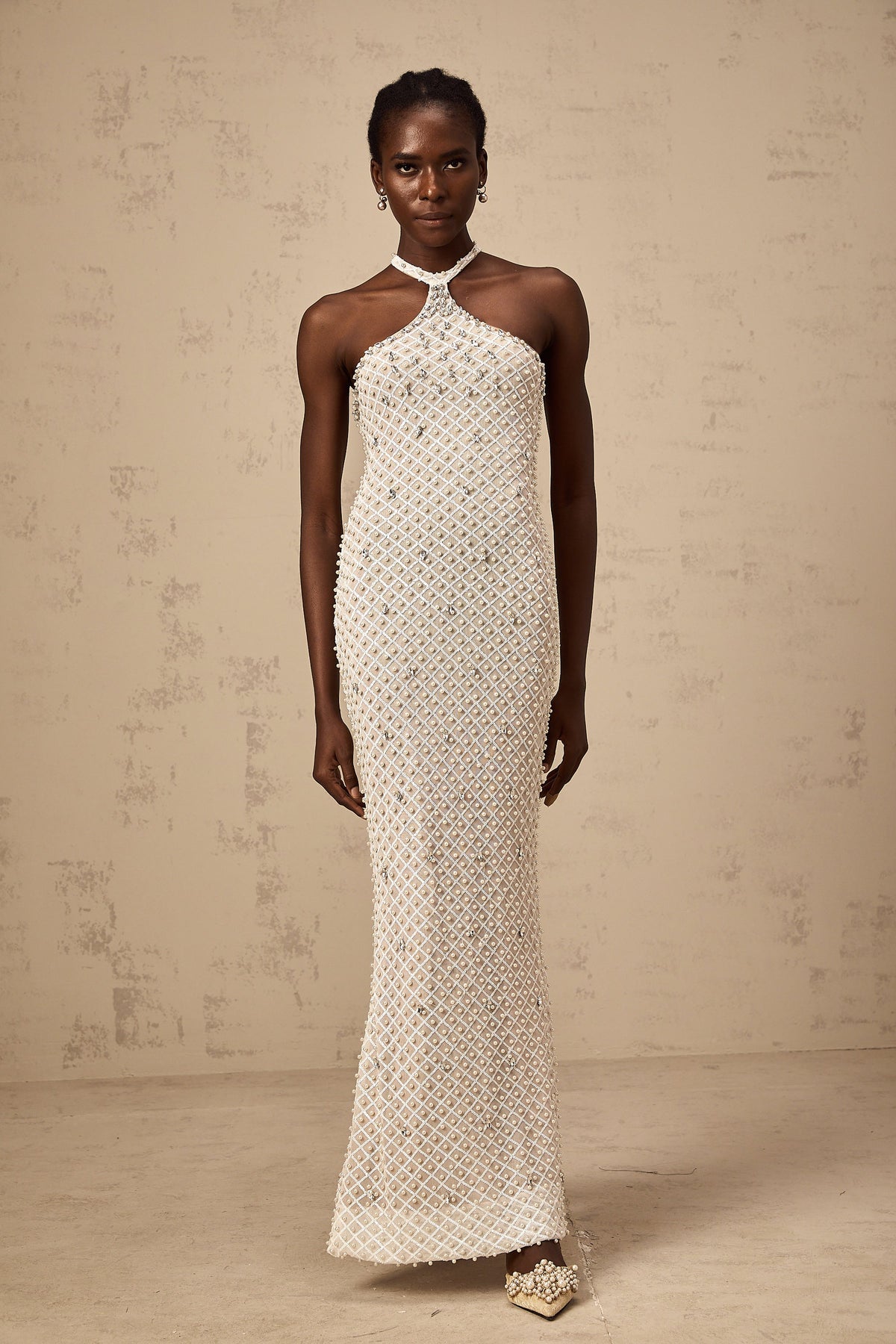 Claudine white embellished halterneck maxi dress (Final Sale-US Only)