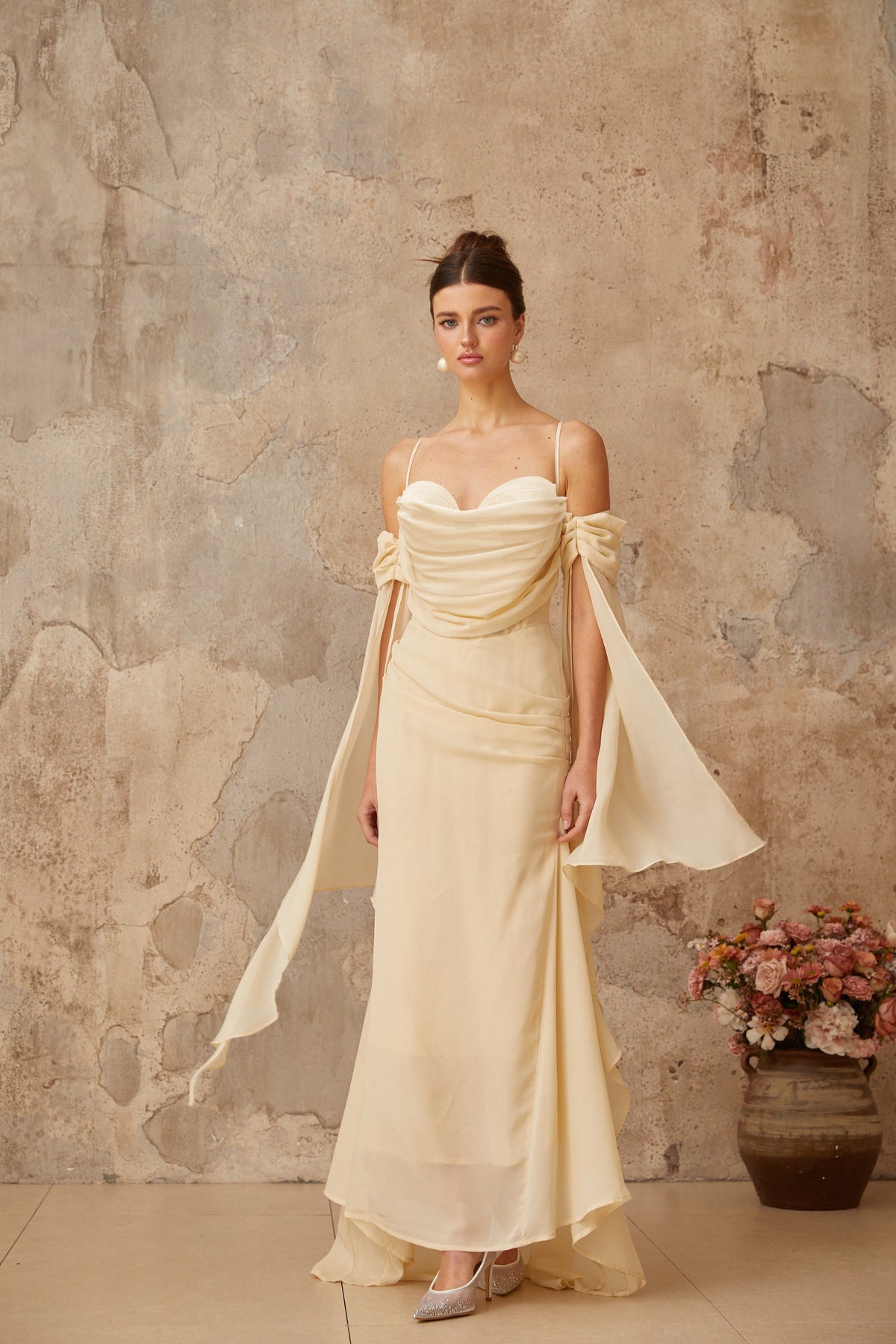 Mélusine Neutral Ruched Chiffon Maxi Dress (Final Sale-US Only)