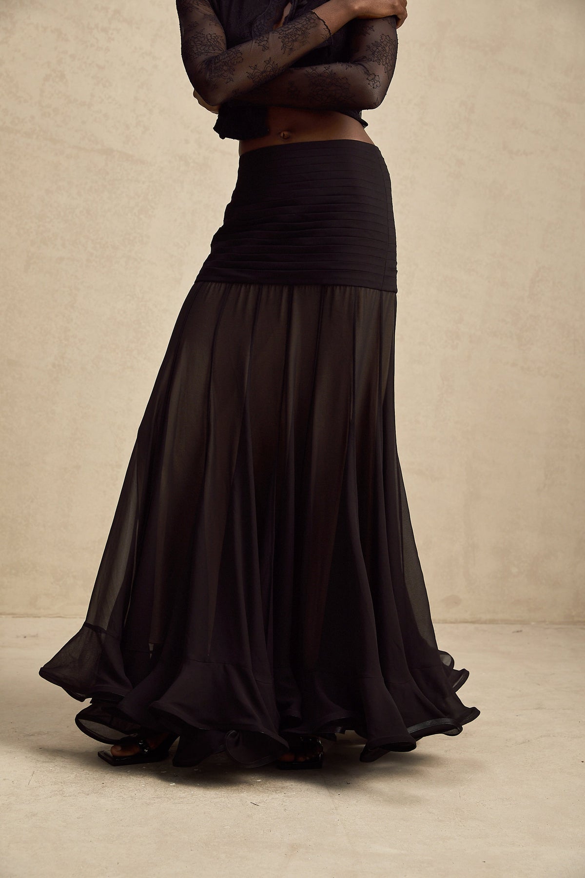 Jacqueline rayon ruffle pleated tulle maxi skirt
