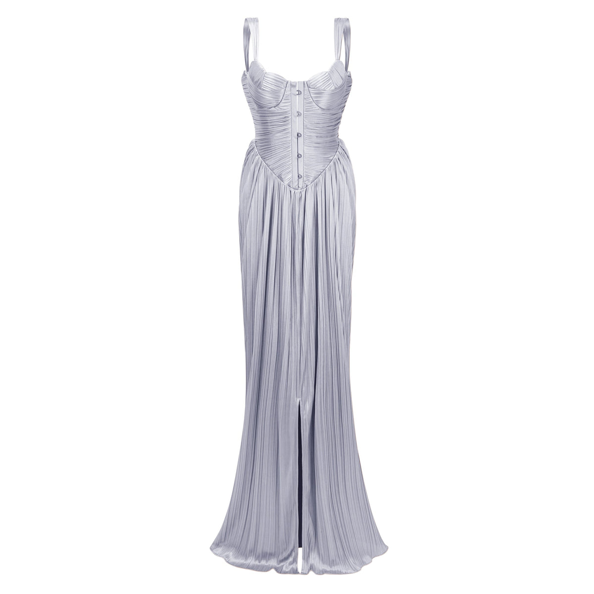 Nicoletta Silver Glossy Pleated Corset Maxi Dress