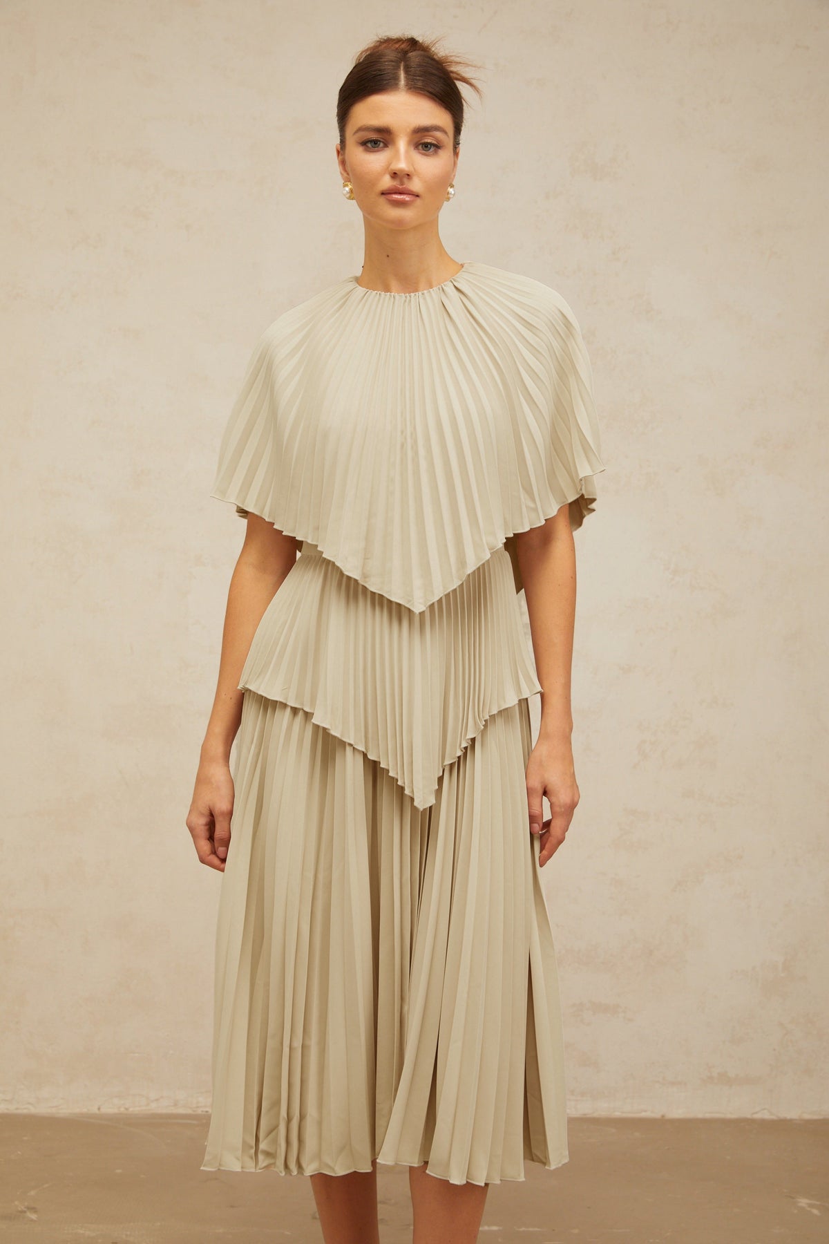 Héloïse neutrals cape pleated midi dress