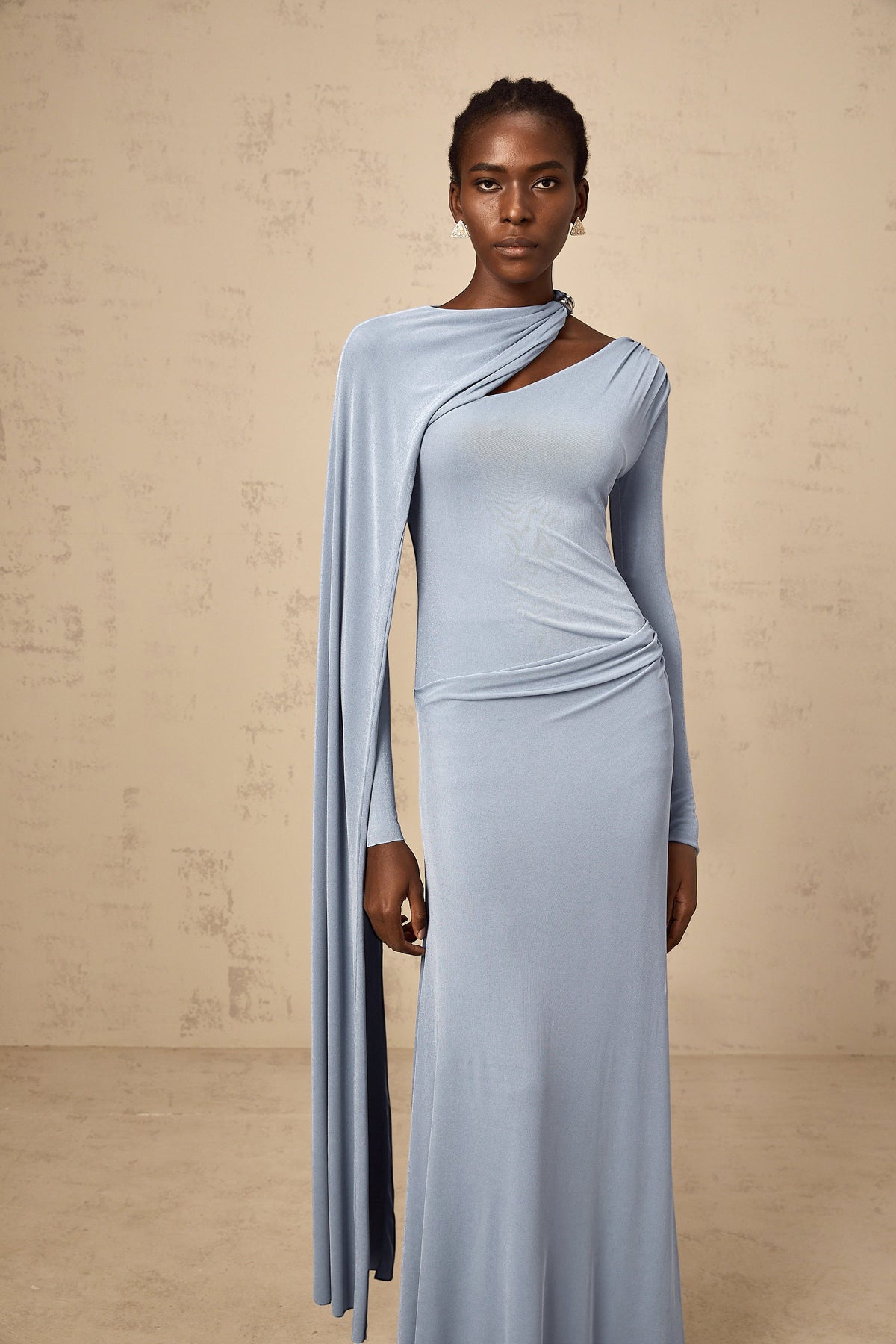 Josette Blue Diagonal Shawl Fitted Maxi Dress (Final Sale-US Only)