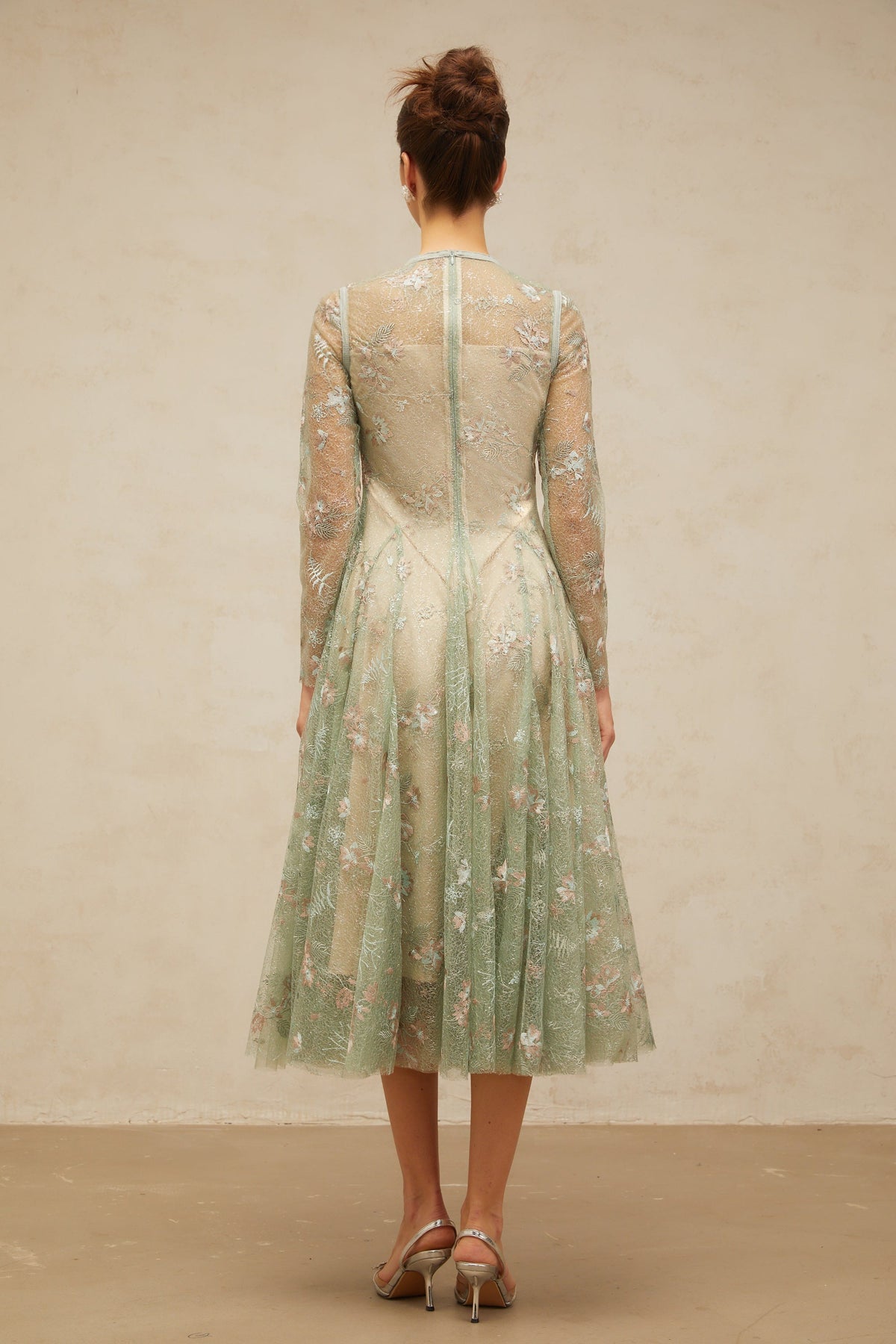 Philomène green flower-embroidered pleated midi dress
