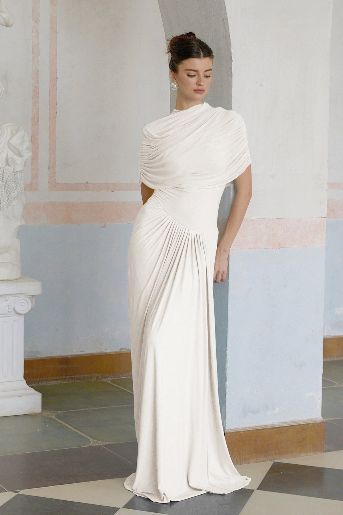 Catherine asymmetrical pleated maxi dress in White
