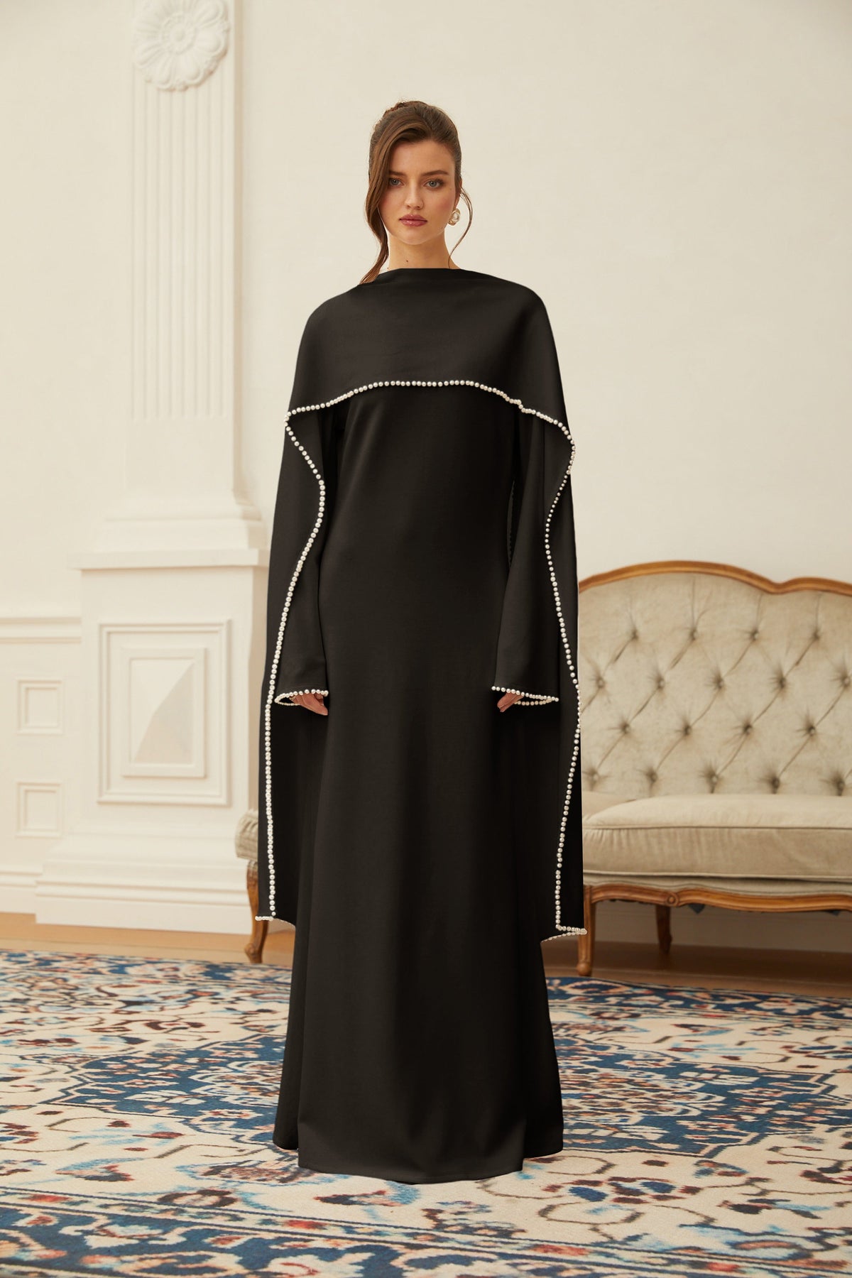 Piroska Black Pearl Trim Shawl Detail Maxi Dress