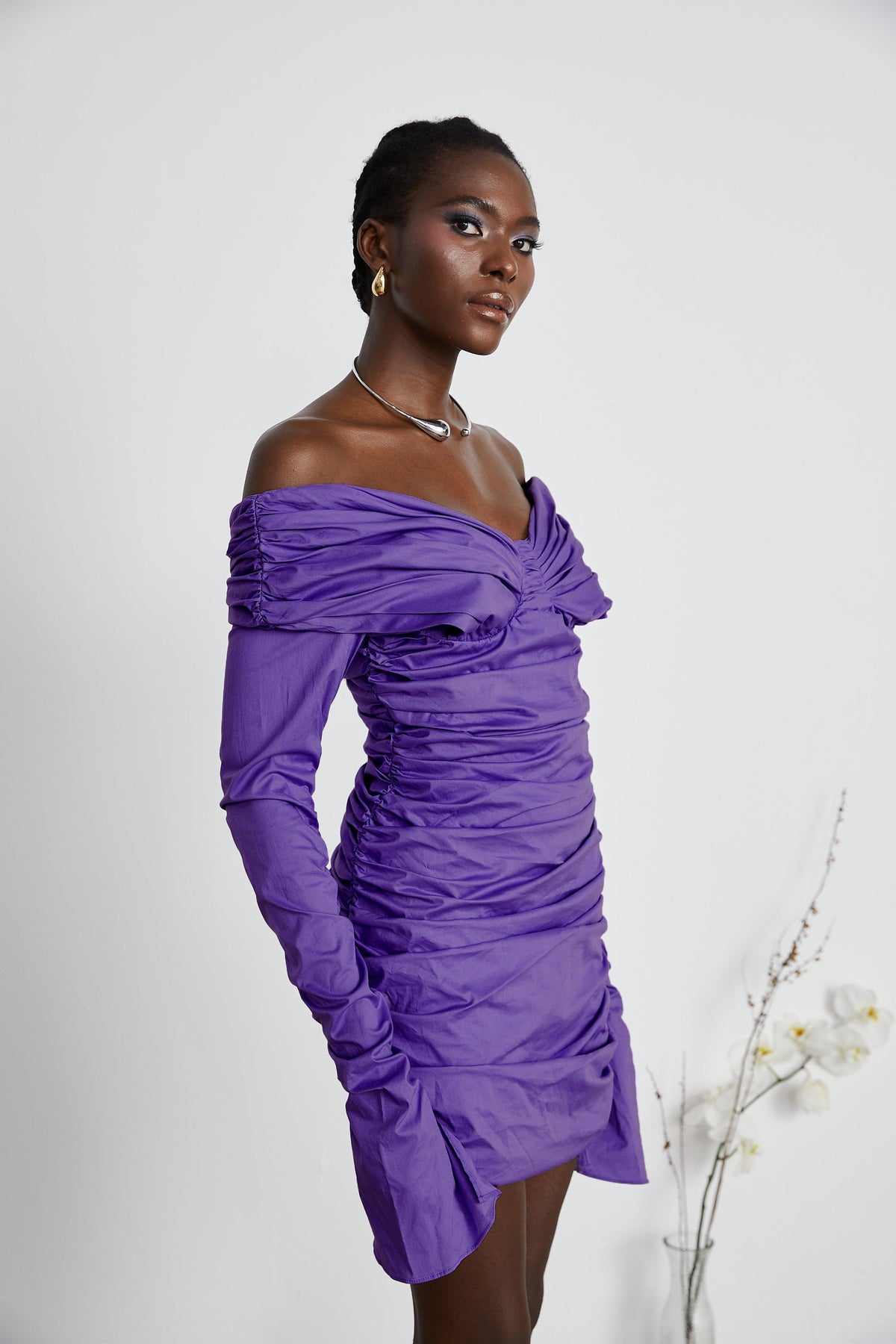 Apolline purple off-shoulder ruched mini dress (Final Sale-US Only)