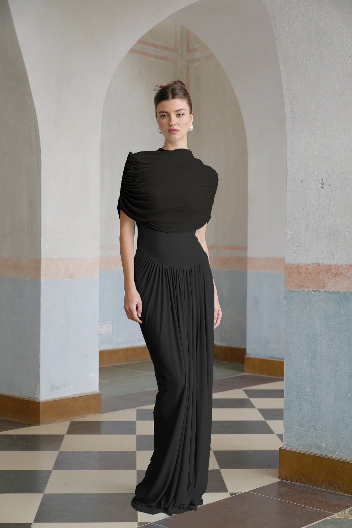 Catherine asymmetrical pleated maxi dress in Black