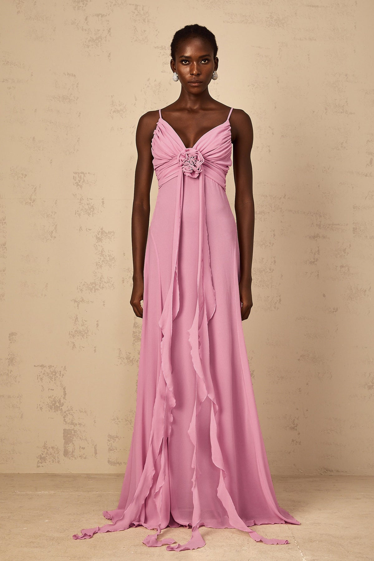 Ysandre Rose-Pink 3D Petal Tulle Maxi Dress (Final Sale)