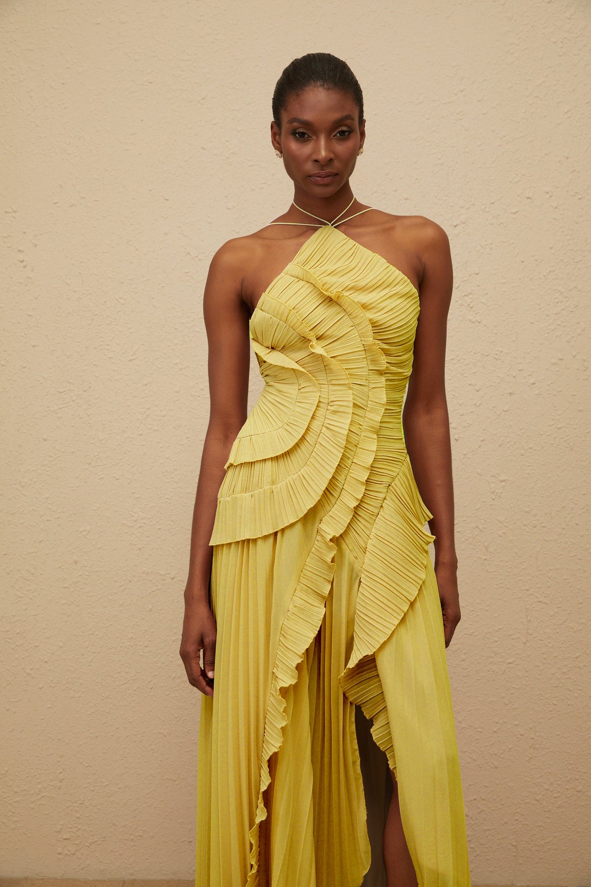 Doux Yellow Ruffled Trim Pleated Midi Dress (Final Sale-US Only)