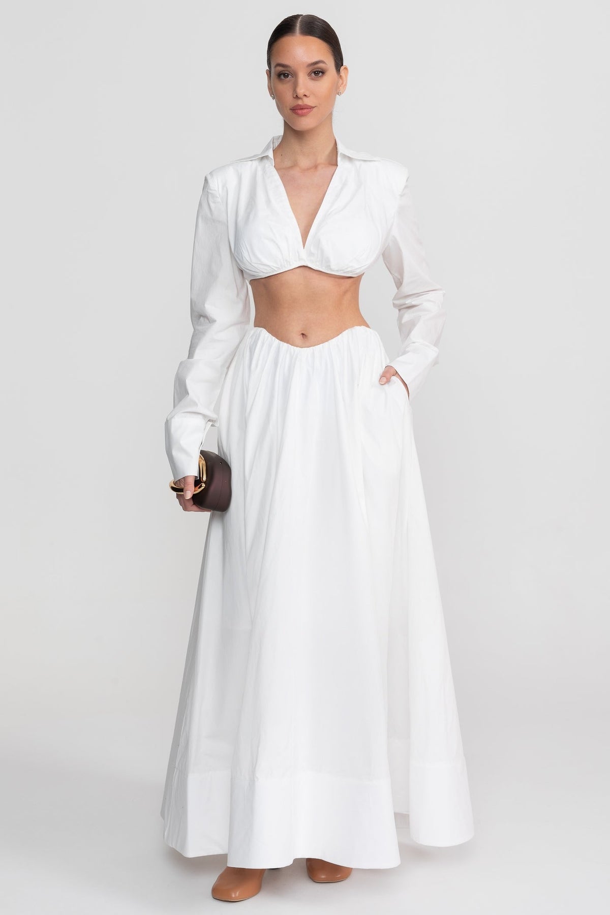 Long Sleeve Co-Ord Set With Cropped Underbust Top - White