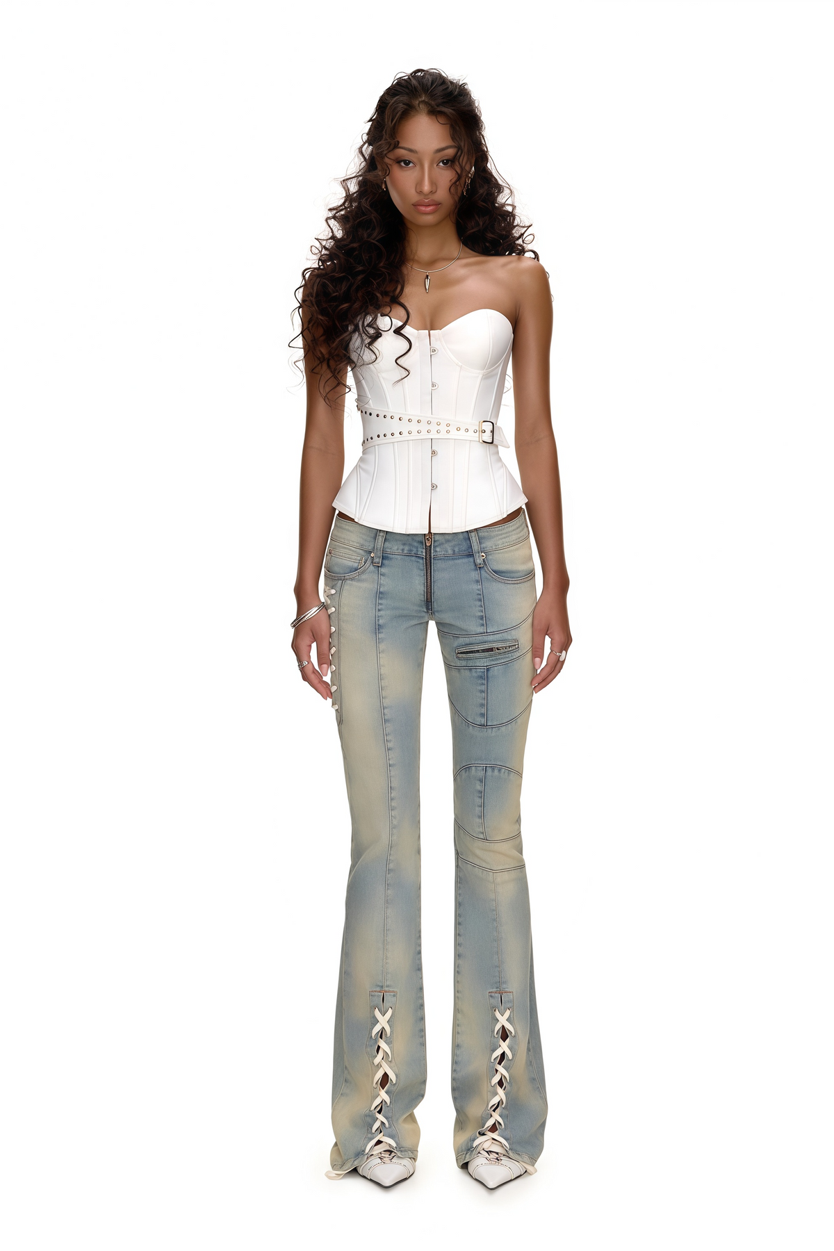 Tiril White Studded Belted Corset Top