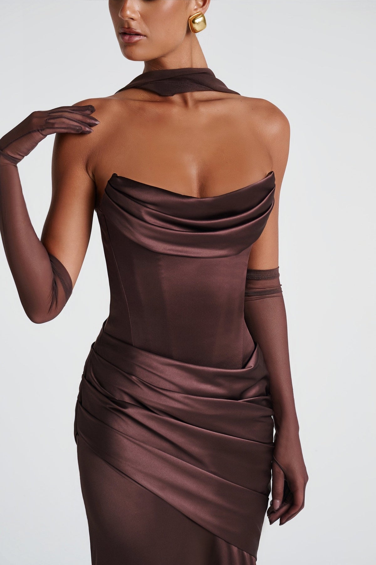 Marilou Brown Ruched Satin Maxi Dress