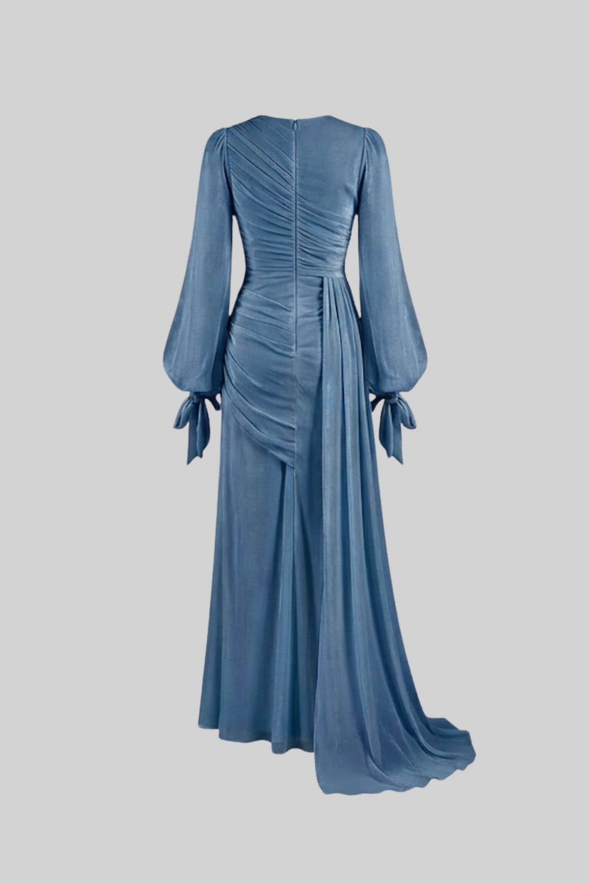 Draped Long-Sleeve Maxi Dress with Gathered Waist – Light Blue