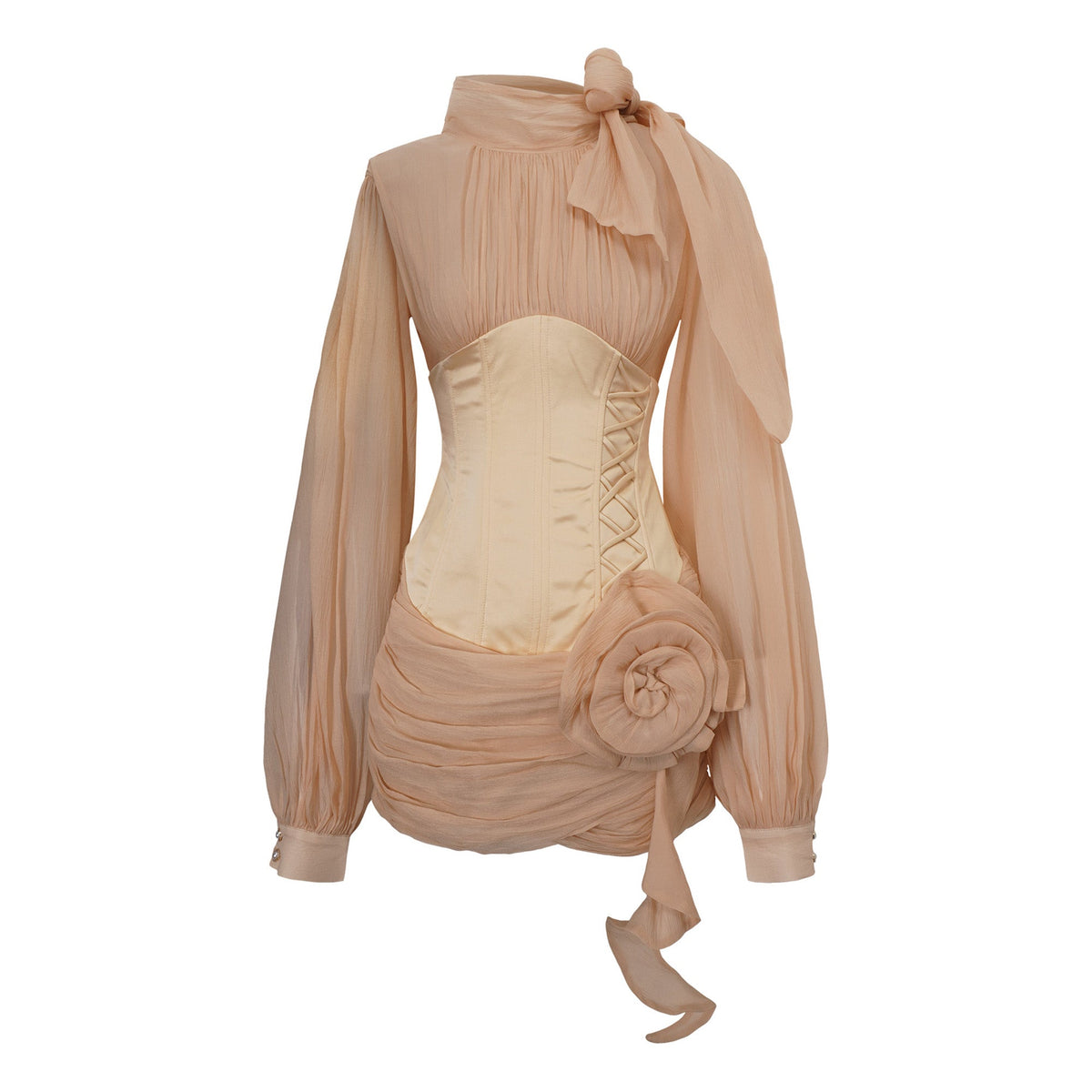 Téa cinched-waist floral-appliqué panelled mini dress
