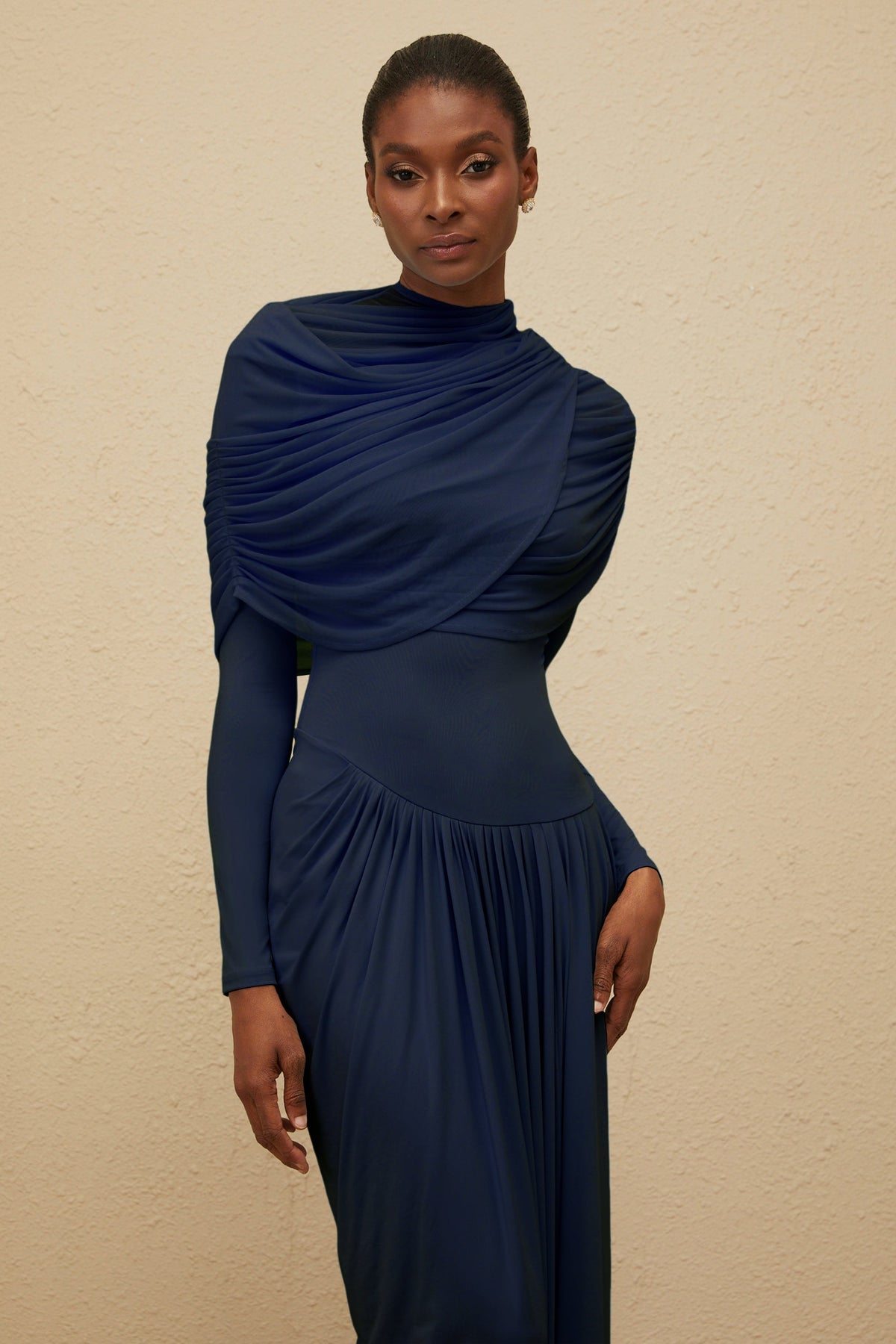 Catherine Navy-Blue Asymmetrical Pleated Long-Sleeve Maxi Dress (Final Sale-US Only)