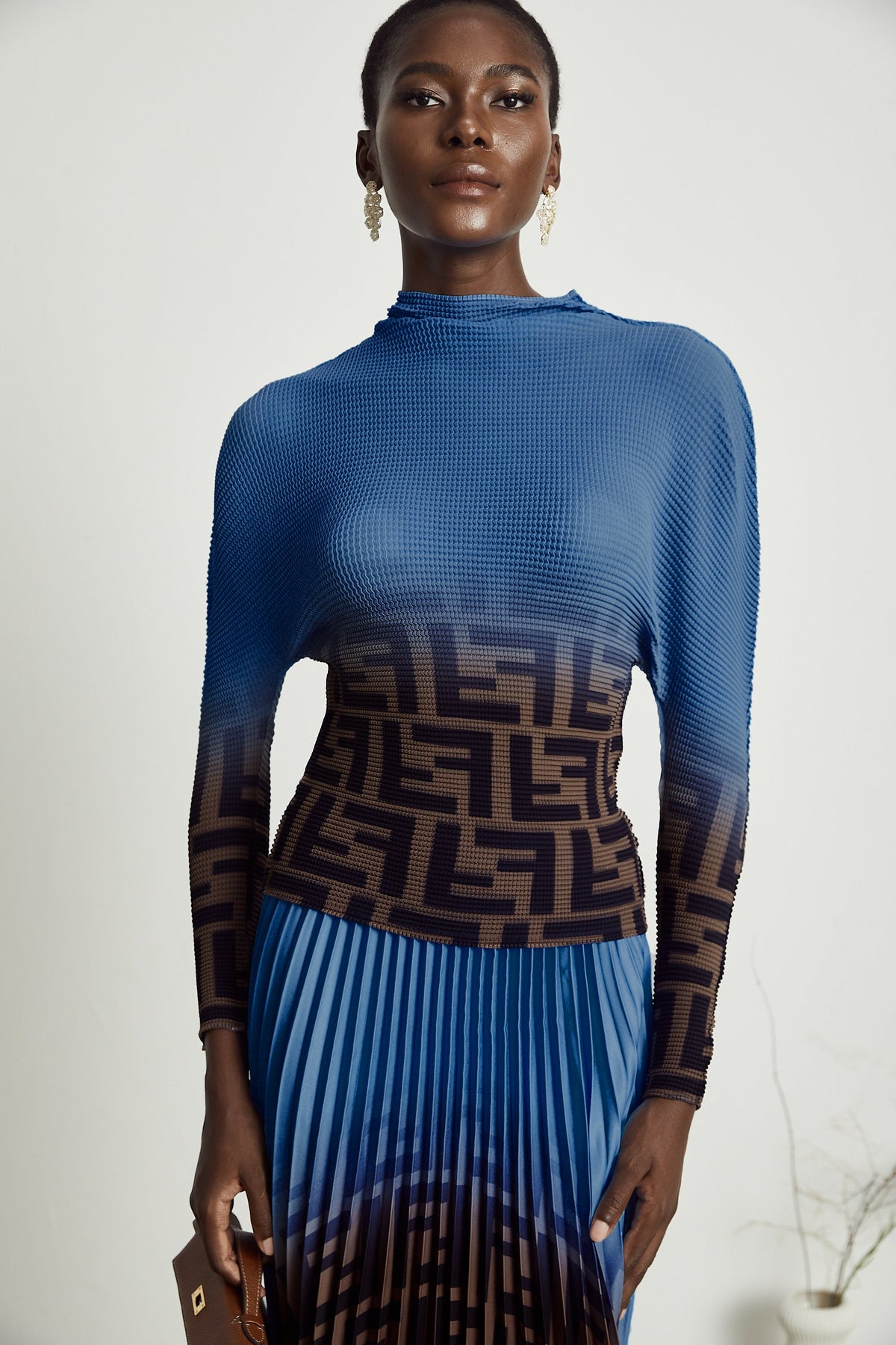 Désirée Color Block Pleated Top & Skirt Matching Set in Dark Blue
