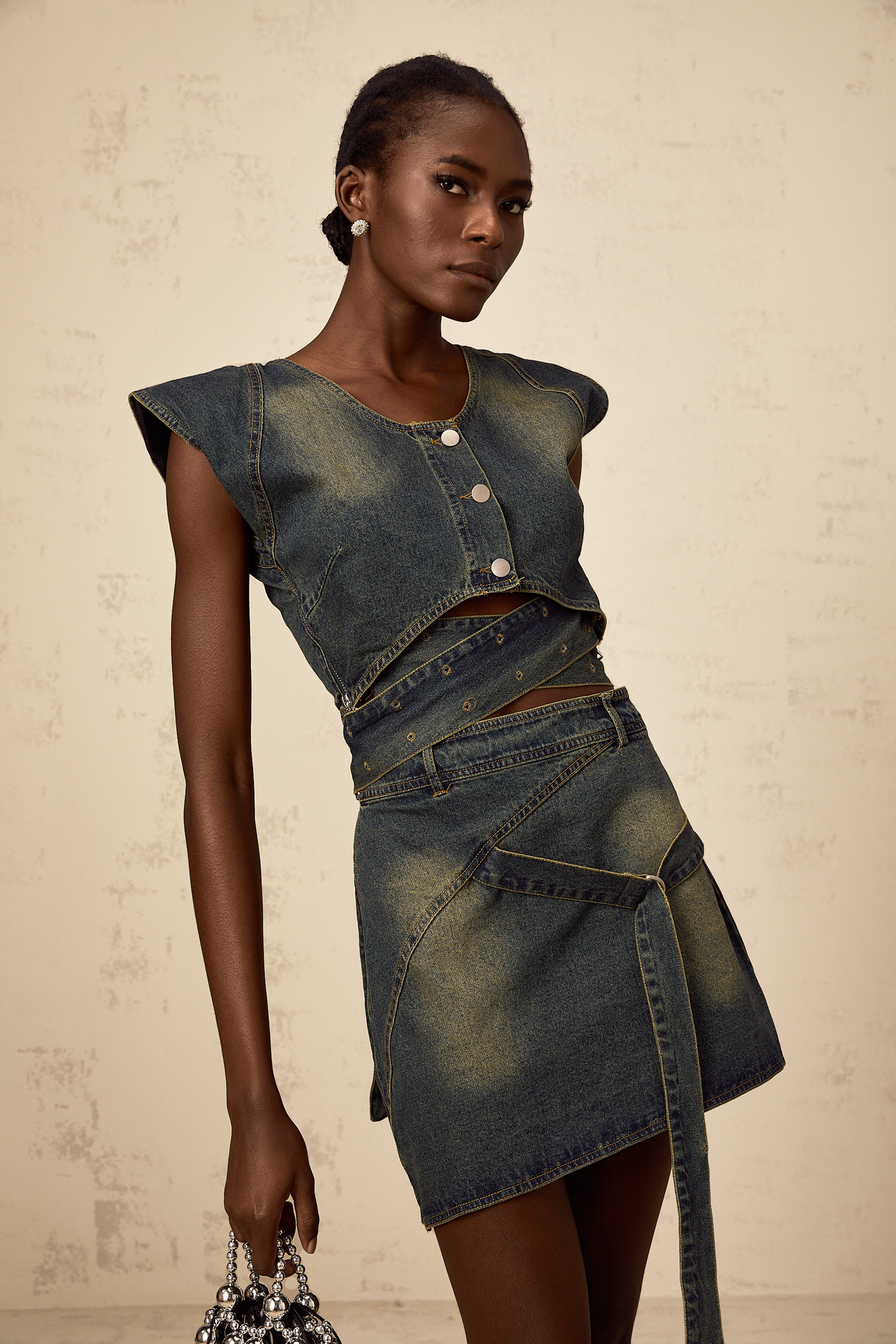 Fanny blue cross-over denim top & skirt matching set