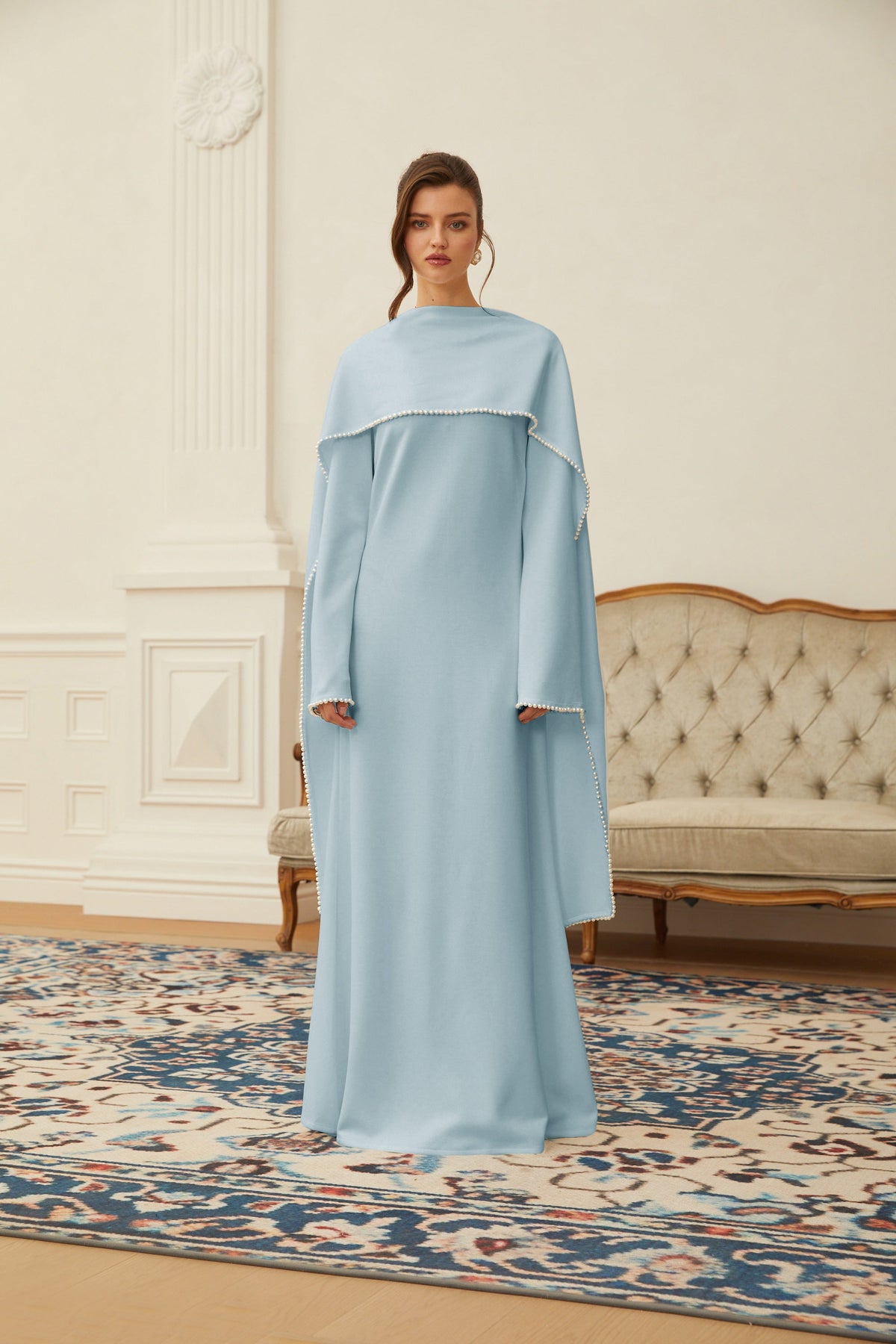 Piroska Blue Pearl Trim Shawl Detail Maxi Dress