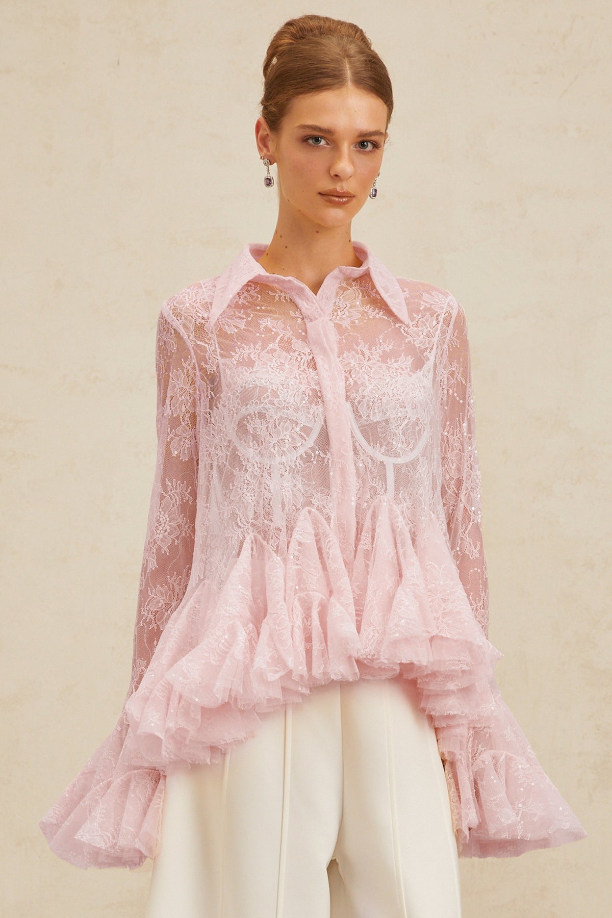 Ingrid Pink Peplum Floral Lace Blouse