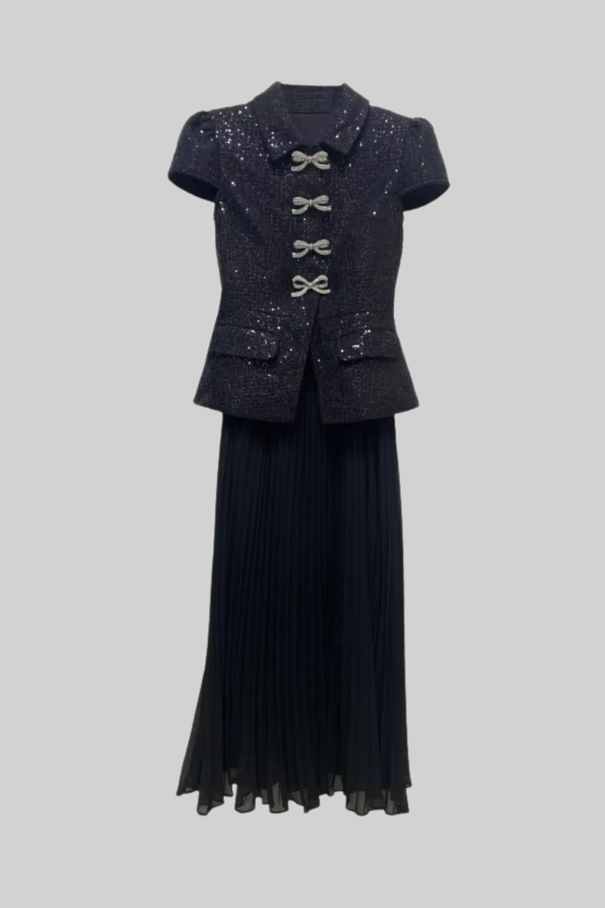 Elegant Dress With Sequined Top And Pleated Skirt - Black