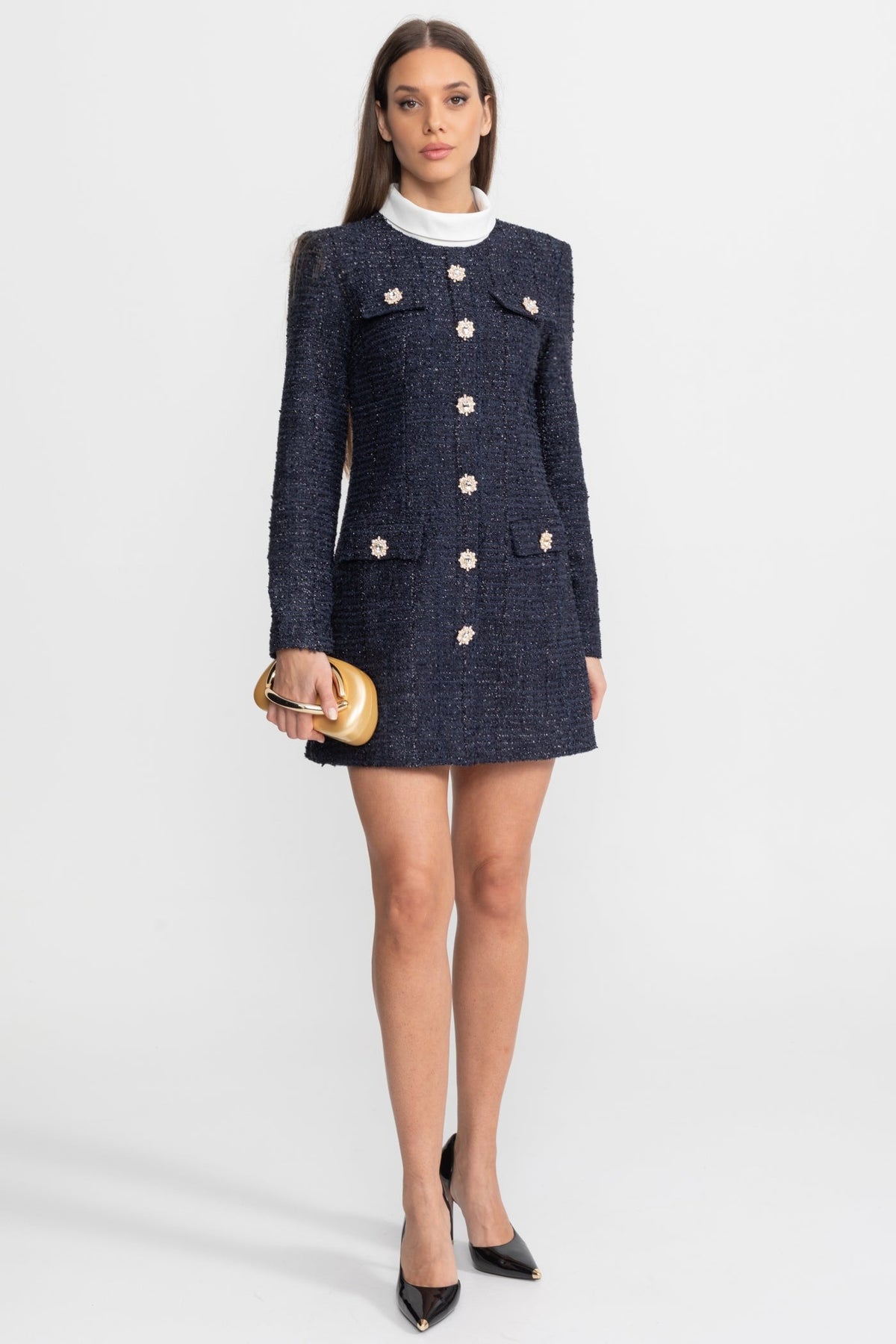 Textured Tweed Mini Dress with Crystal Button Embellishments – Navy