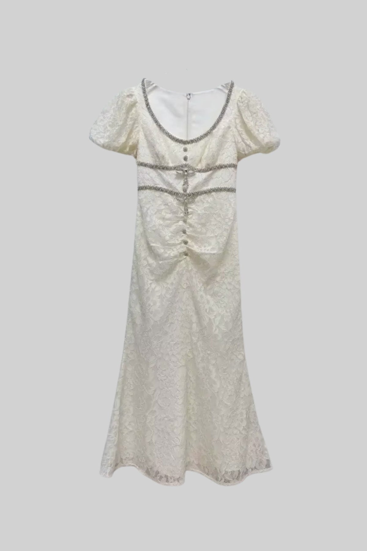 Short Sleeved Lace Dress With Short Puff Sleeves And Scoop Neckline - Ivoire