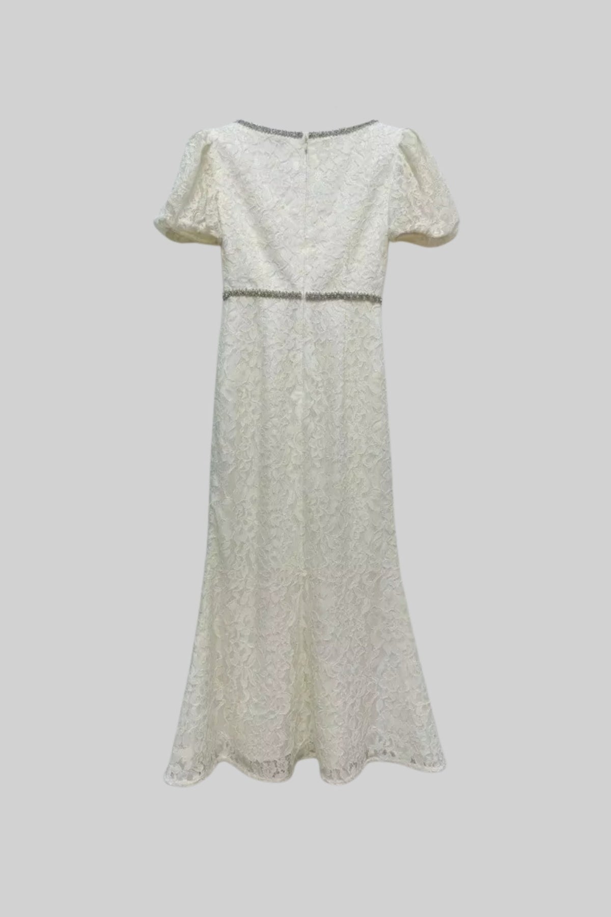 Short Sleeved Lace Dress With Short Puff Sleeves And Scoop Neckline - Ivoire