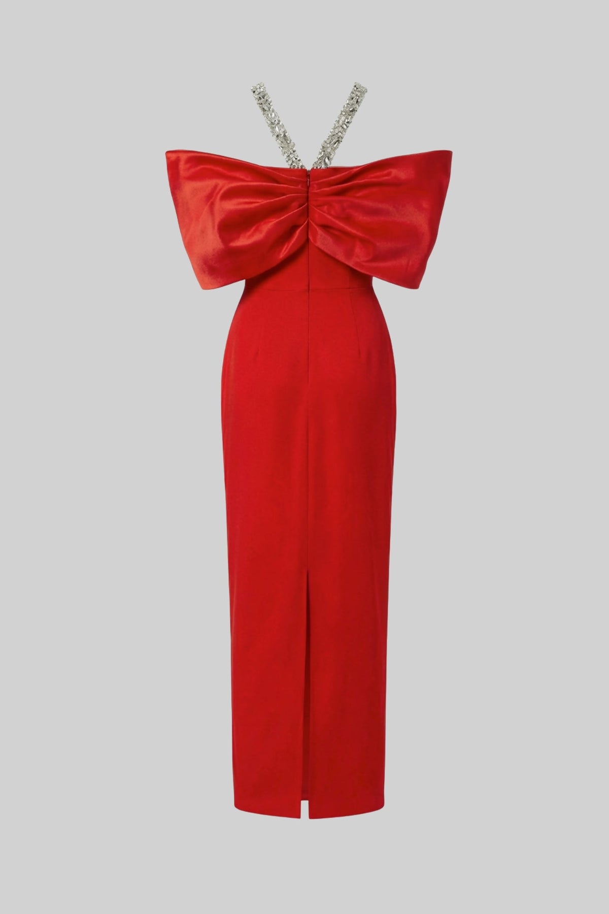 Embellished Bow-Neck Maxi Dress with Crystal Straps – Red