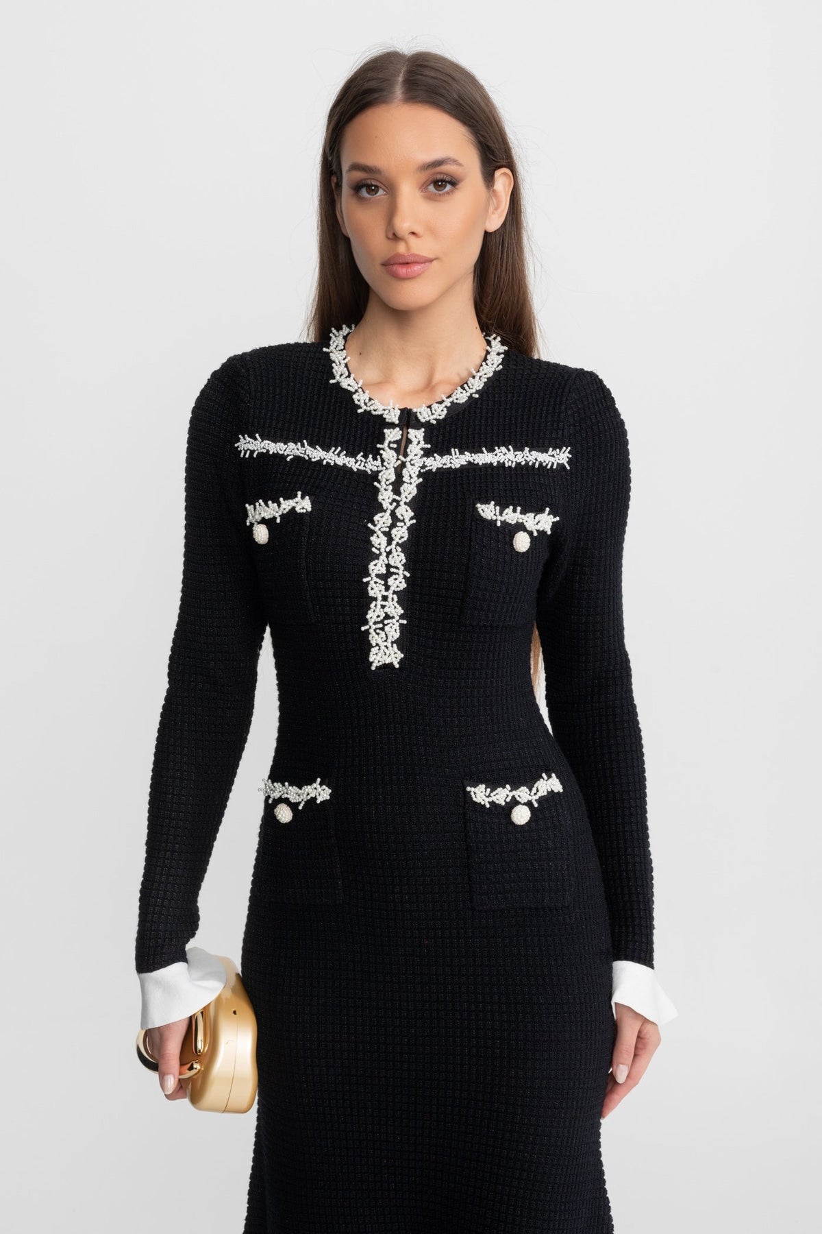 Textured Midi Dress with Contrast Embroidered Trim – Black