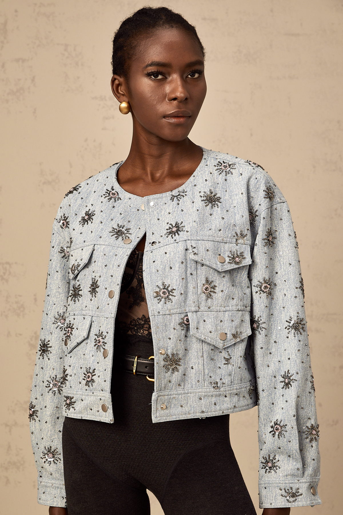 Katell blue studded sun-motif denim jacket
