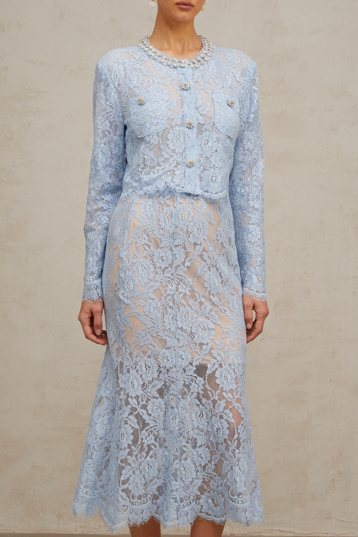 Ariane blue floral-lace top & skirt matching set (Final Sale-US Only)