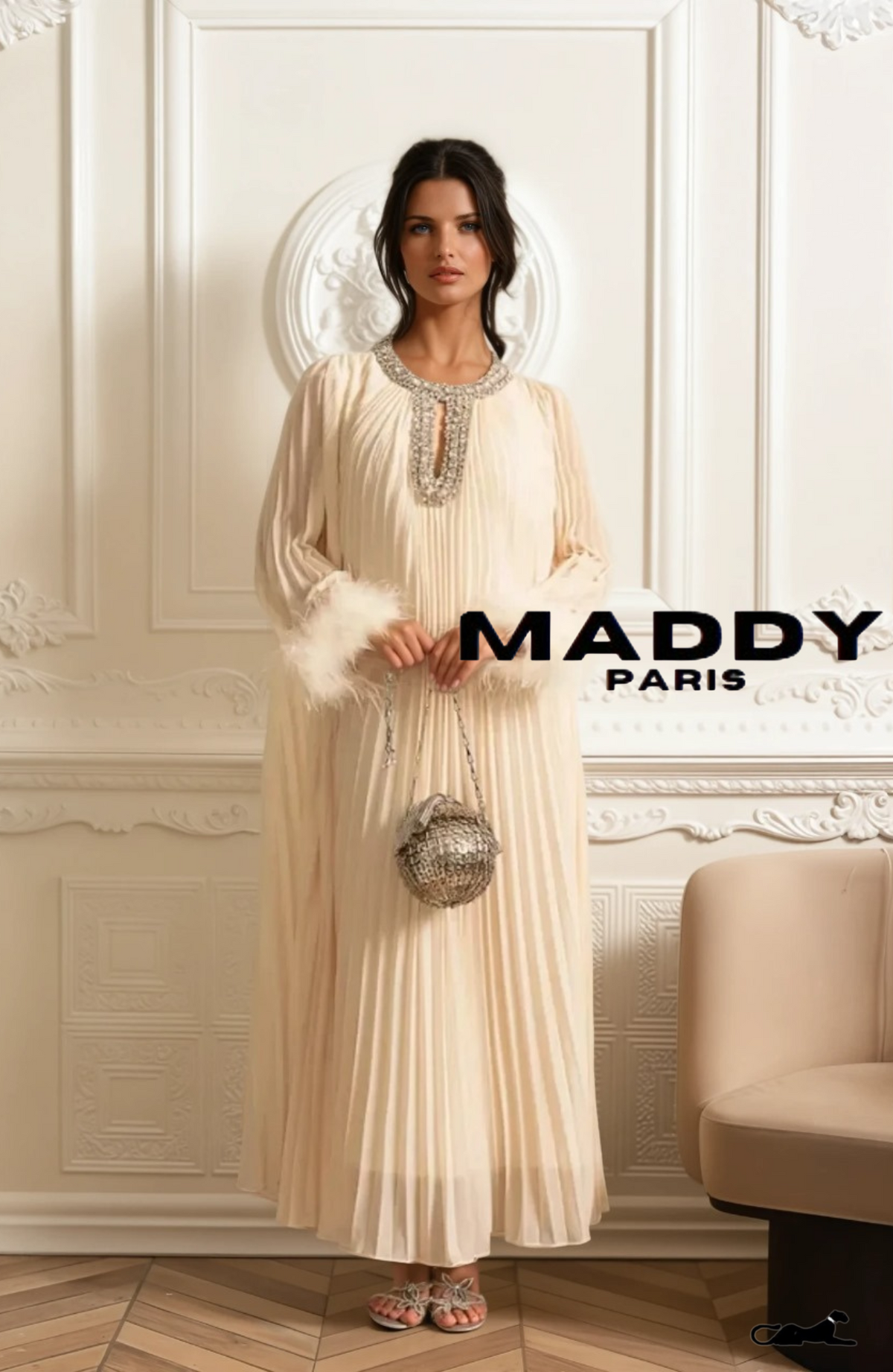 LAMISS Pleated Maxi Dress With Feathered Cuffs And Sparkling Neckline - Ivoire
