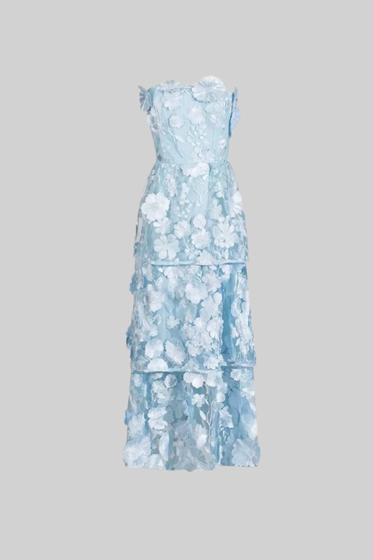Layered Sheer Dress With Fitted Waist And Floral Appliques - Light Blue