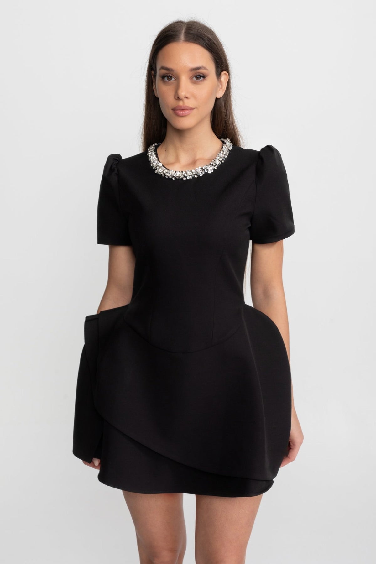 Tailored Mini Dress with Crystal Embellished Neckline – Black