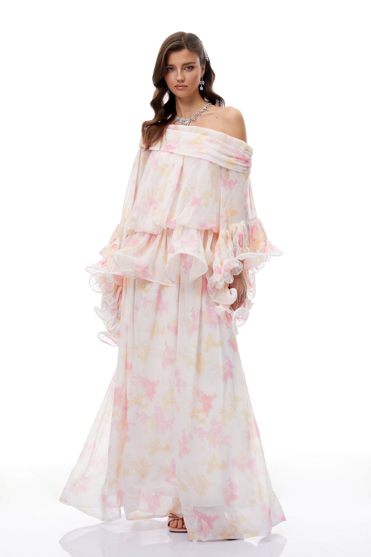 Rolf White Floral Print Ruffled Maxi Dress