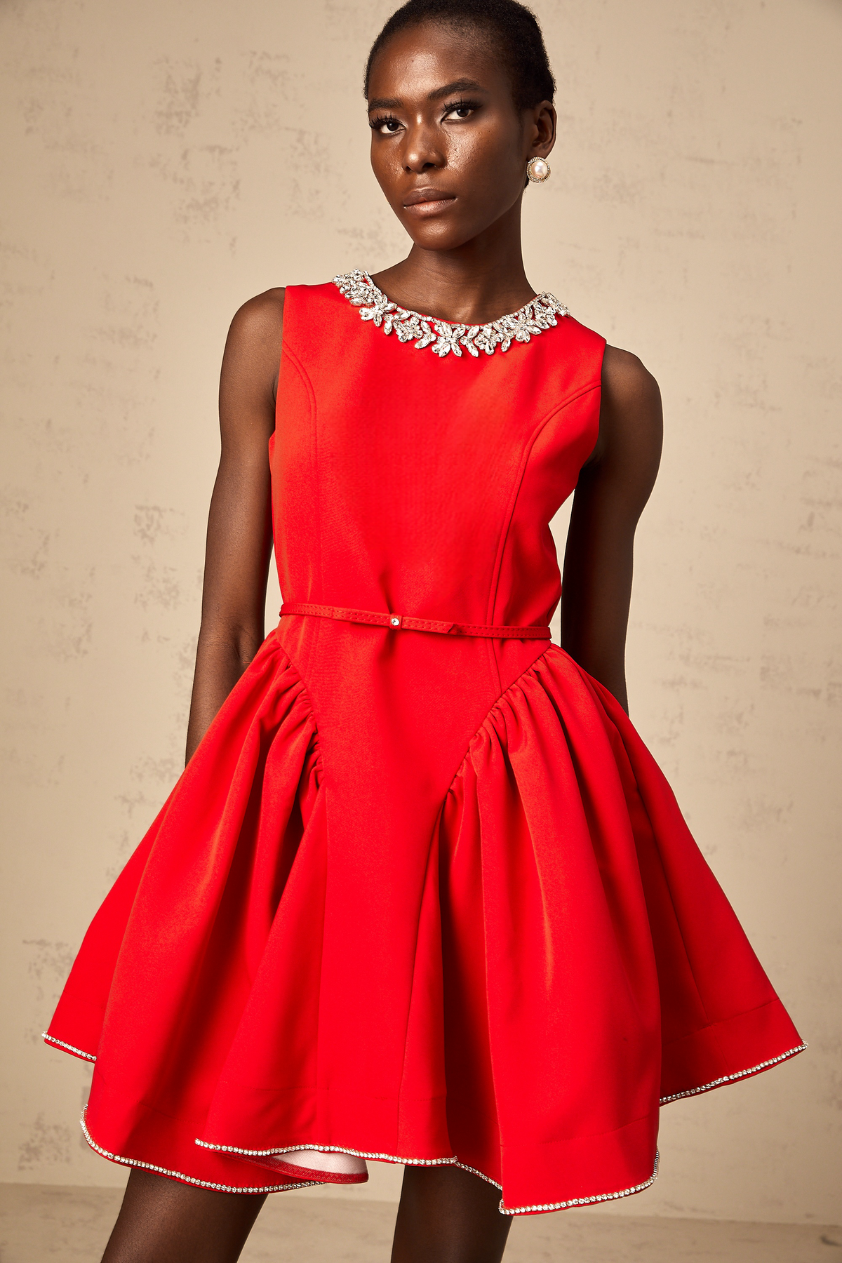 Léonie red embellished pleated mini dress