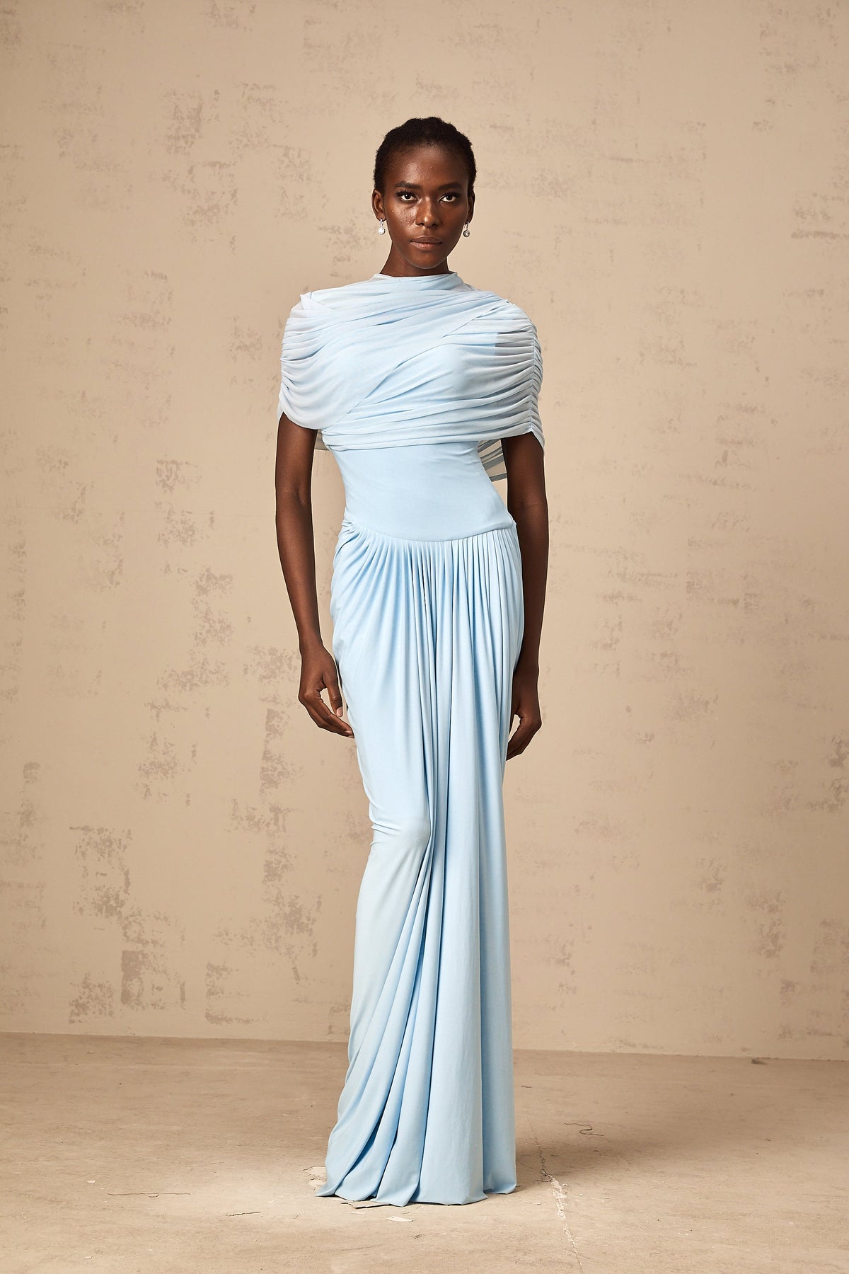 Catherine asymmetrical pleated maxi dress in Baby-blue