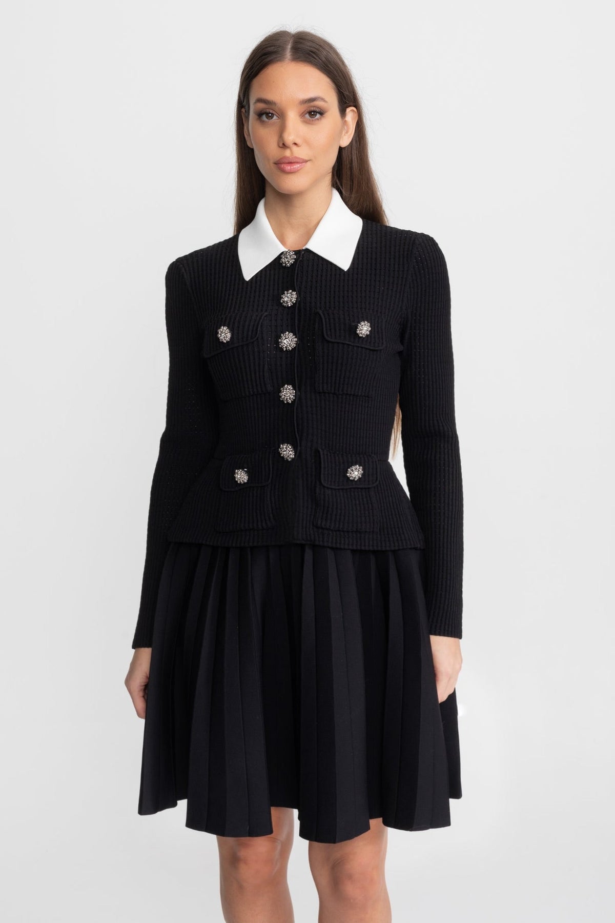 Ribbed Knit Mini Dress with Contrast Collar and Pleated Skirt – Black