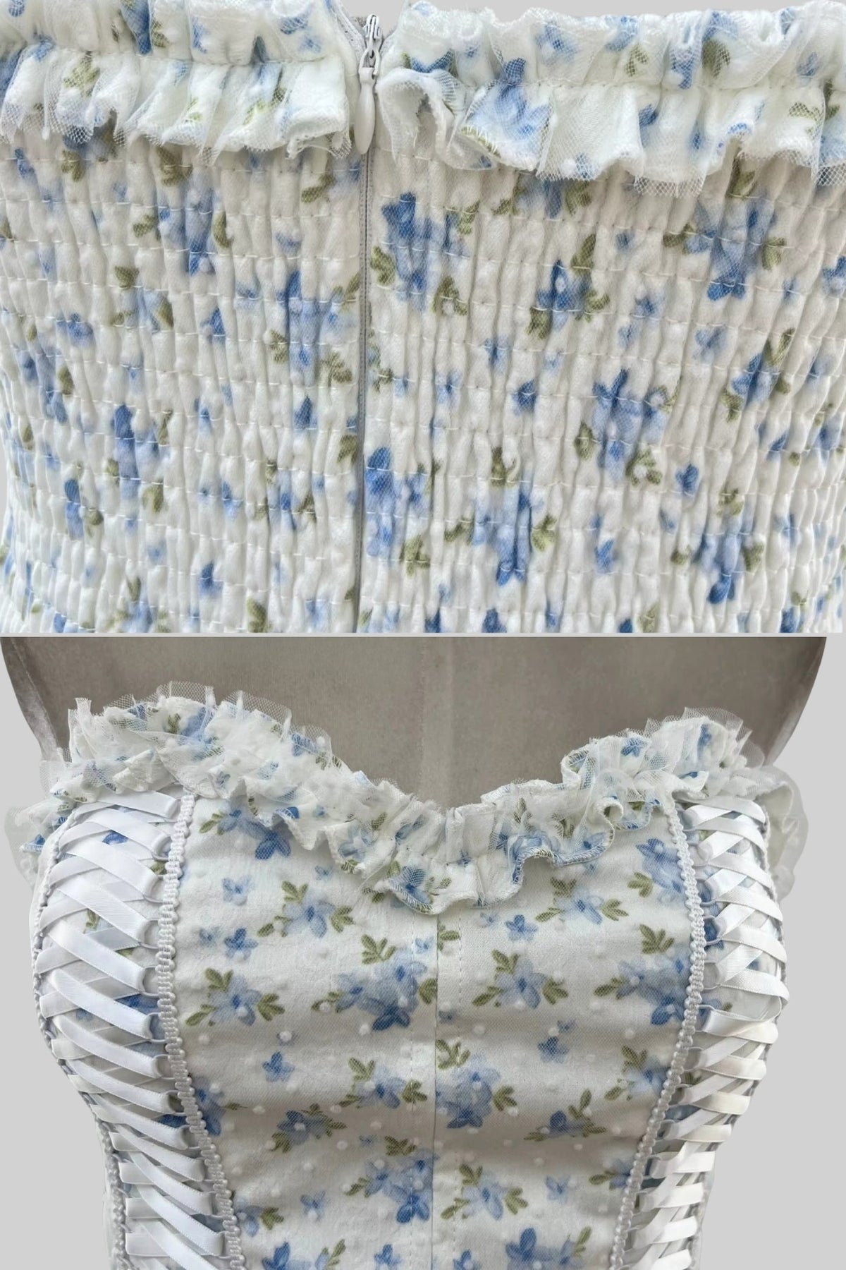 Corset Mini Dress With Sweetheart Neckline And Delicate Floral Pattern - White/Blue