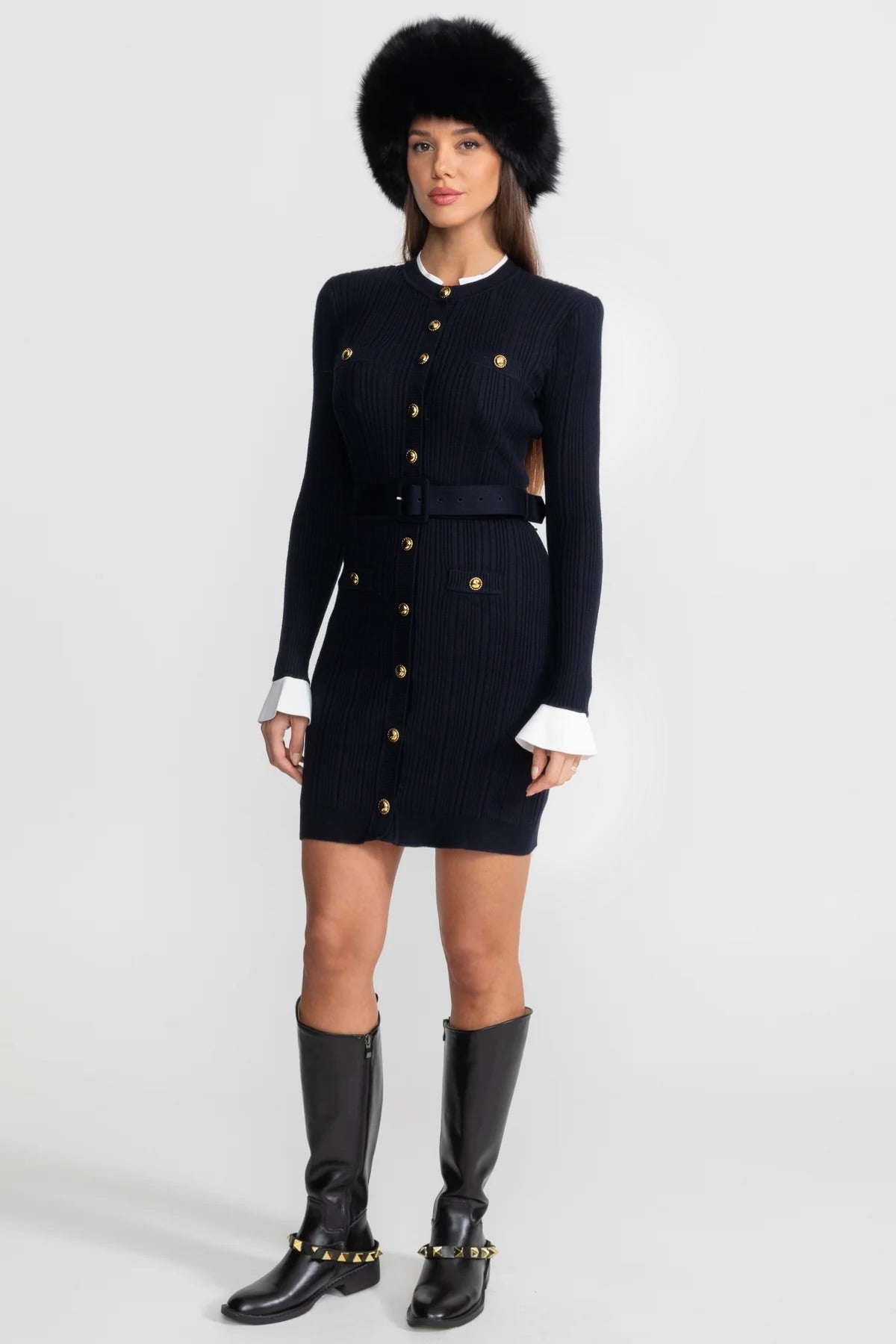 Ribbed Knit Mini Dress with Gold Button Fastening - Dark Blue