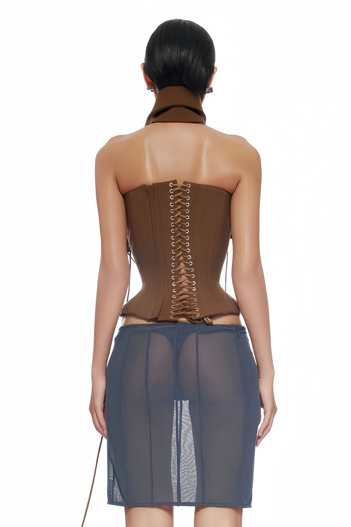 Indre Brown Lace Up Corset Crop Top