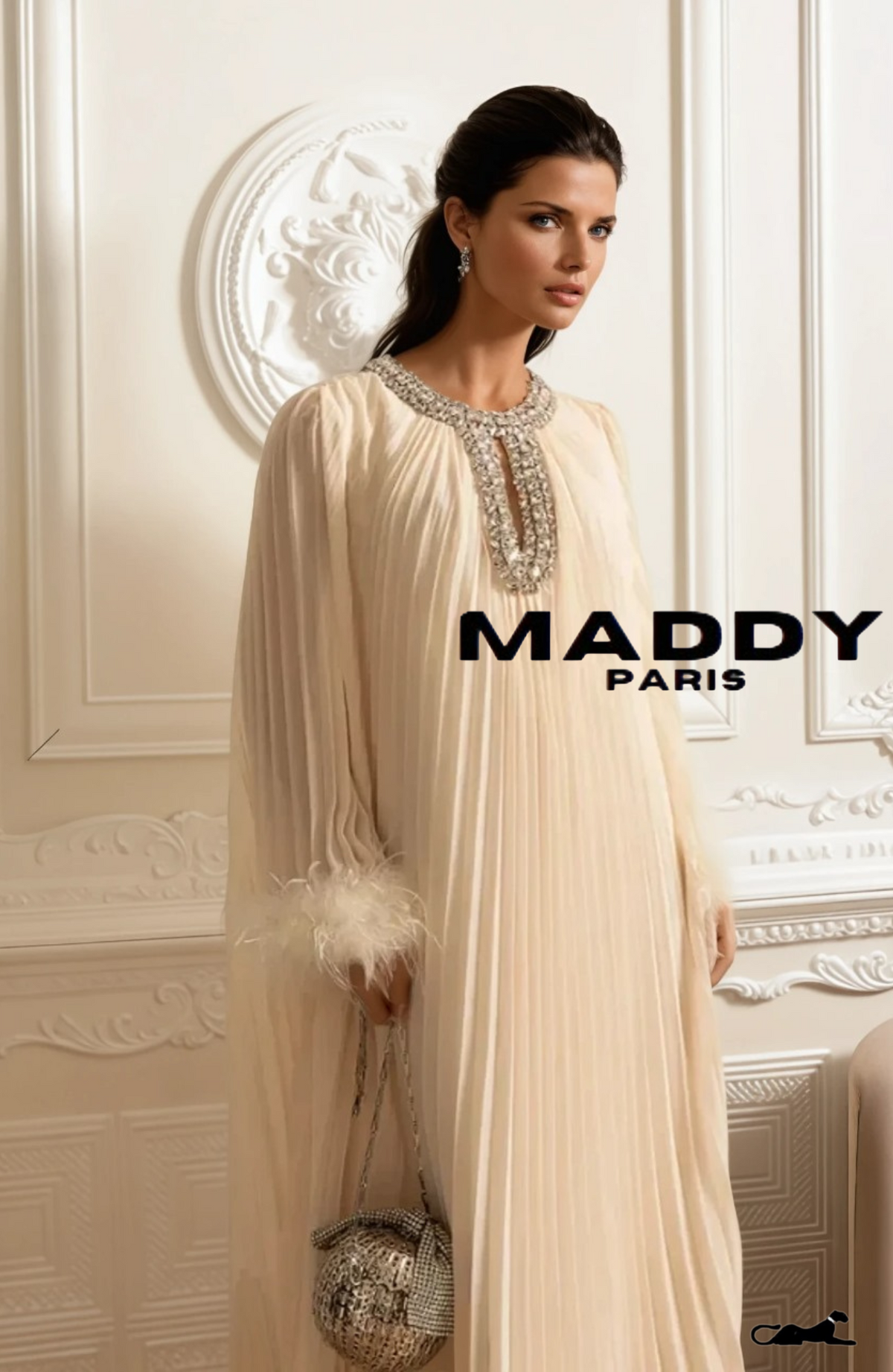 LAMISS Pleated Maxi Dress With Feathered Cuffs And Sparkling Neckline - Ivoire